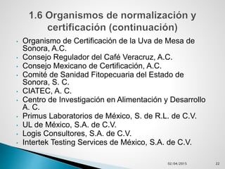 • Organismo de Certificación de la Uva de Mesa de
Sonora, A.C.
• Consejo Regulador del Café Veracruz, A.C.
• Consejo Mexicano de Certificación, A.C.
• Comité de Sanidad Fitopecuaria del Estado de
Sonora, S. C.
• CIATEC, A. C.
• Centro de Investigación en Alimentación y Desarrollo
A. C.
• Primus Laboratorios de México, S. de R.L. de C.V.
• UL de México, S.A. de C.V.
• Logis Consultores, S.A. de C.V.
• Intertek Testing Services de México, S.A. de C.V.
02/04/2015 22
 