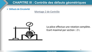 86
Cours de métrologie
 Défauts de Circularité
Montage 2 de Contrôle
La pièce effectue une rotation complète.
Ecart maximal par section : 2 t.
CHAPITRE III : Contrôle des défauts géométriques
 