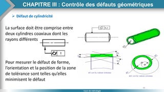 88
Cours de métrologie
 Défaut de cylindricité
La surface doit être comprise entre
deux cylindres coaxiaux dont les
rayons différents
Pour mesurer le défaut de forme,
l’orientation et la position de la zone
de tolérance sont telles qu’elles
minimisent le défaut
CHAPITRE III : Contrôle des défauts géométriques
 