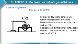 90
Cours de métrologie
 Défauts de Cylindricité
Montage 2 de Contrôle
Relever les déviations pendant une
rotation complète sur n sections.
Ecart maximal entre tous les points des
section : 2 t.
Il est conseillé d’effectuer deux fois cette
mesure : l’une avec un Vé à 90°, l’autre
avec un Vé à 120°
CHAPITRE III : Contrôle des défauts géométriques
 