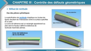 95
Cours de métrologie
 Défaut de rectitude
Cas des pièces cylindriques
La spécification de rectitude s'applique sur toutes les
lignes résultant de l'intersection entre la surface spécifiée
et un plan.
La zone de tolérance est un rectangle appartenant au
plan dont la hauteur définit la tolérance de
rectitude maximale admise.
CHAPITRE III : Contrôle des défauts géométriques
 