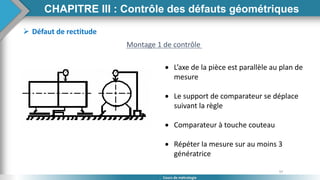97
Cours de métrologie
 Défaut de rectitude
Montage 1 de contrôle
 L’axe de la pièce est parallèle au plan de
mesure
 Le support de comparateur se déplace
suivant la règle
 Comparateur à touche couteau
 Répéter la mesure sur au moins 3
génératrice
CHAPITRE III : Contrôle des défauts géométriques
 