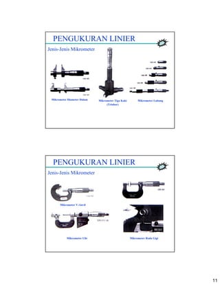 11
PENGUKURAN LINIER
Jenis-Jenis Mikrometer
Mikrometer Diameter Dalam Mikrometer Tiga Kaki
(Triobor)
Mikrometer Lubang
PENGUKURAN LINIER
Jenis-Jenis Mikrometer
Mikrometer Ulir Mikrometer Roda Gigi
Mikrometer V-Anvil
 