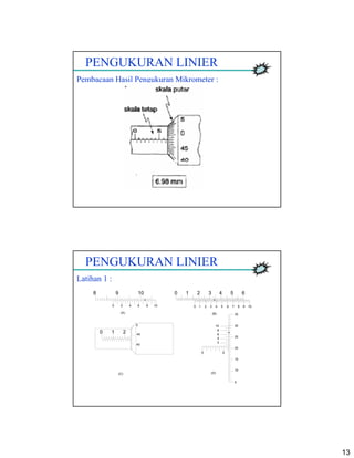 13
PENGUKURAN LINIER
Pembacaan Hasil Pengukuran Mikrometer :
PENGUKURAN LINIER
Latihan 1 :
8 9 10
20 4 6 8 10
210 3 4 5 6
0 1 2 3 4 5 6 7 8 9 10
10 2
40
45
0
0 5
5
10
15
20
25
30
35
4
6
8
10
2
(A) (B)
(C) (D)
 