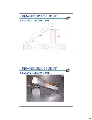 17
PENGUKURAN SUDUT
3. BATANG SINUS (SINE BAR)
PENGUKURAN SUDUT
3. BATANG SINUS (SINE BAR)
 