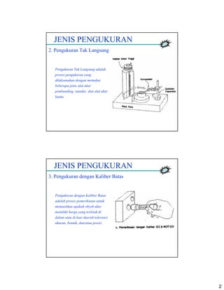 2
JENIS PENGUKURAN
2. Pengukuran Tak Langsung
Pengukuran Tak Langsung adalah
proses pengukuran yang
dilaksanakan dengan memakai
beberapa jenis alat ukur
pembanding, standar, dan alat ukur
bantu.
JENIS PENGUKURAN
3. Pengukuran dengan Kaliber Batas
Pengukuran dengan Kaliber Batas
adalah proses pemeriksaan untuk
memastikan apakah obyek ukur
memiliki harga yang terletak di
dalam atau di luar daerah toleransi
ukuran, bentuk, dan/atau posisi.
 