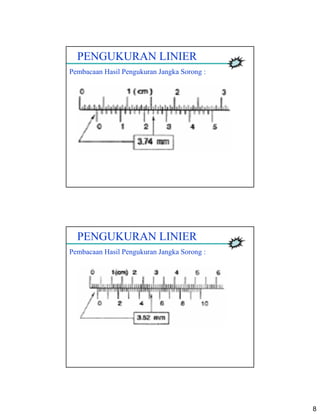 8
PENGUKURAN LINIER
Pembacaan Hasil Pengukuran Jangka Sorong :
PENGUKURAN LINIER
Pembacaan Hasil Pengukuran Jangka Sorong :
 