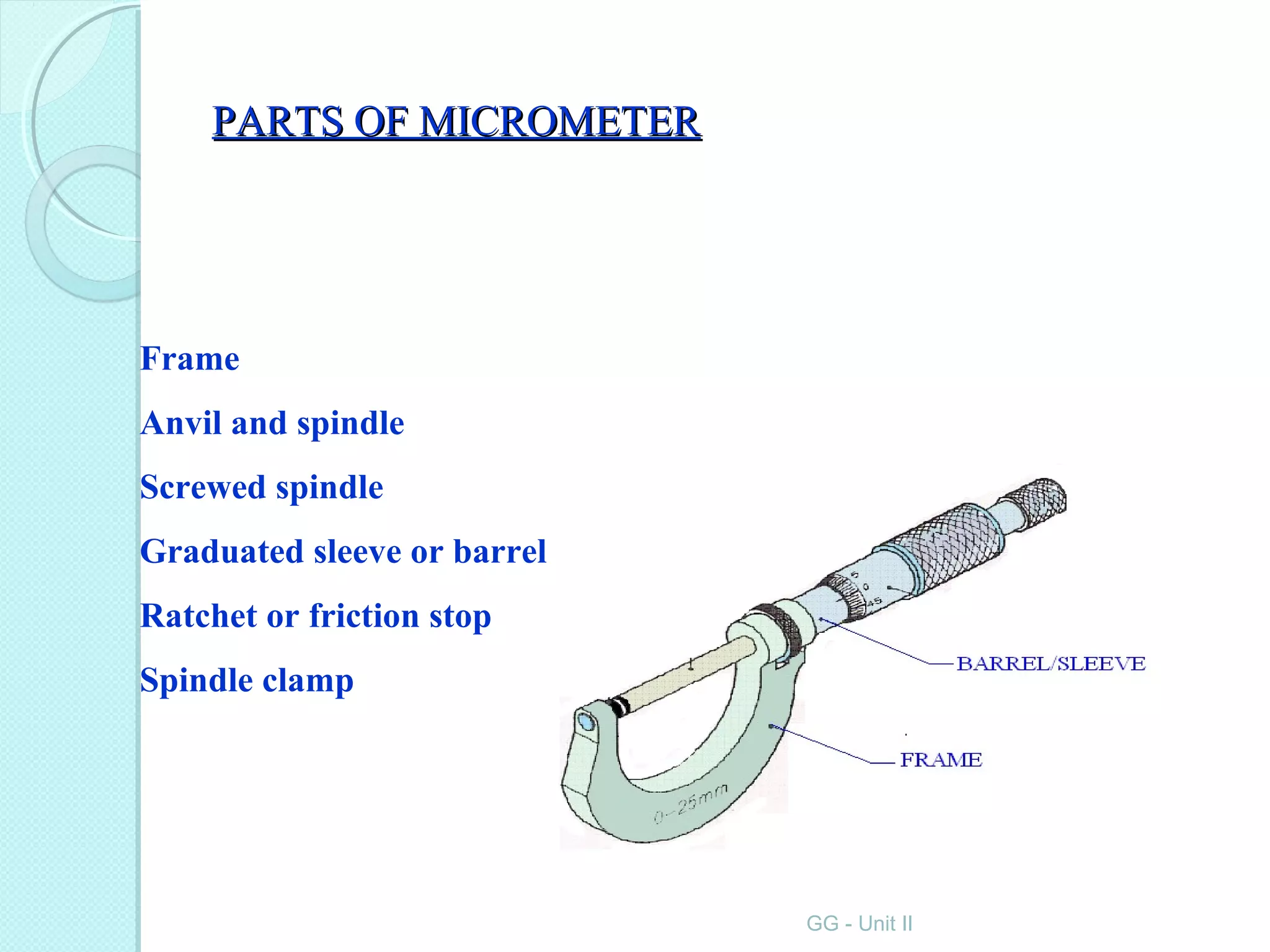 PARTS OF MICROMETERPARTS OF MICROMETER
Frame
Anvil and spindle
Screwed spindle
Graduated sleeve or barrel
Ratchet or friction stop
Spindle clamp
GG - Unit II
 