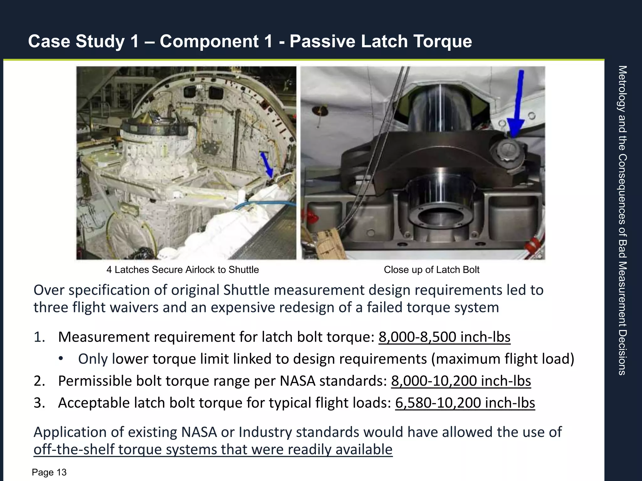 MetrologyandtheConsequencesofBadMeasurementDecisions
Page 13
Case Study 1 – Component 1 - Passive Latch Torque
Over specification of original Shuttle measurement design requirements led to
three flight waivers and an expensive redesign of a failed torque system
1. Measurement requirement for latch bolt torque: 8,000-8,500 inch-lbs
• Only lower torque limit linked to design requirements (maximum flight load)
2. Permissible bolt torque range per NASA standards: 8,000-10,200 inch-lbs
3. Acceptable latch bolt torque for typical flight loads: 6,580-10,200 inch-lbs
Application of existing NASA or Industry standards would have allowed the use of
off-the-shelf torque systems that were readily available
4 Latches Secure Airlock to Shuttle Close up of Latch Bolt
 