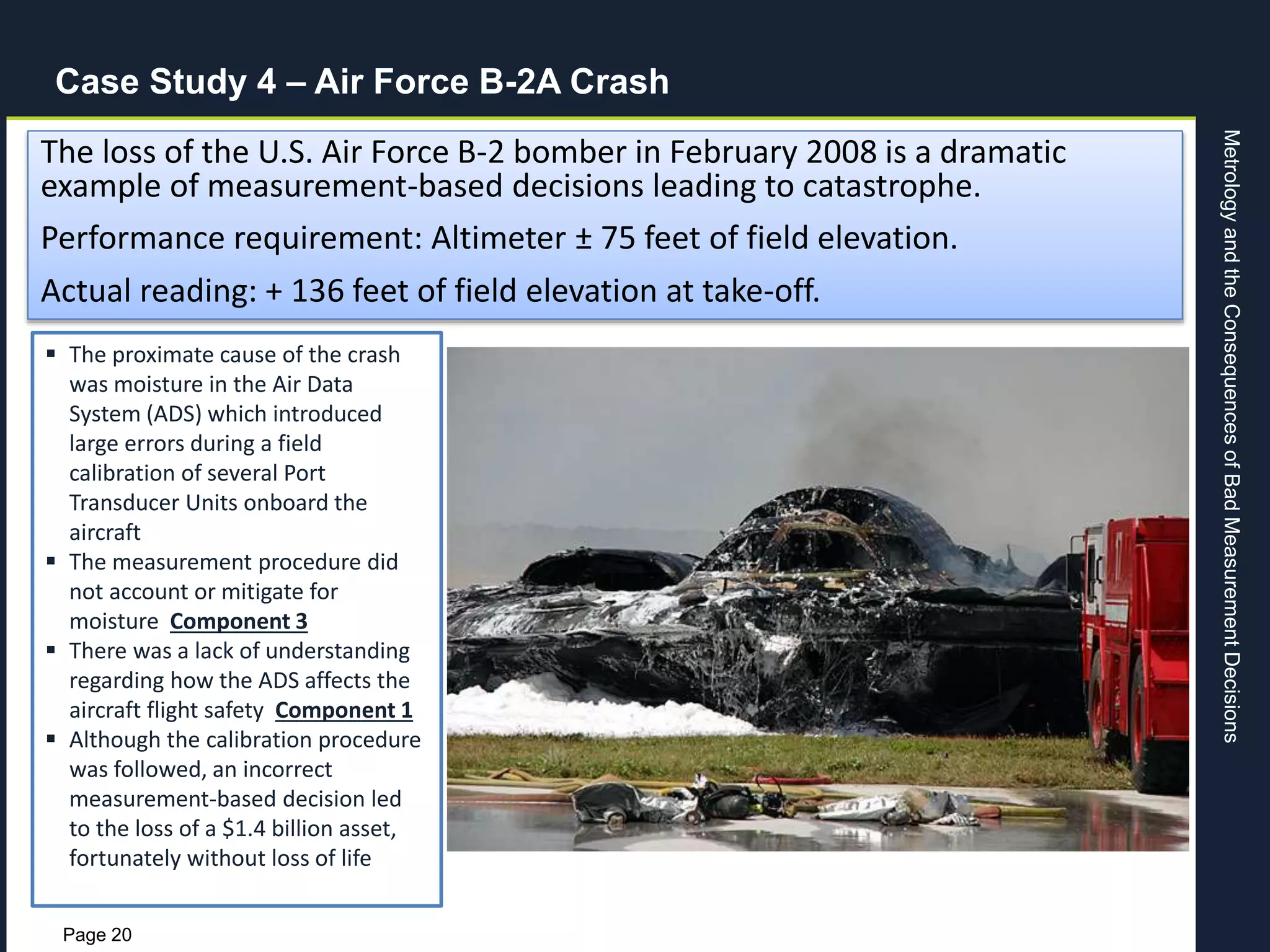 MetrologyandtheConsequencesofBadMeasurementDecisions
Page 20
Case Study 4 – Air Force B-2A Crash
 The proximate cause of the crash
was moisture in the Air Data
System (ADS) which introduced
large errors during a field
calibration of several Port
Transducer Units onboard the
aircraft
 The measurement procedure did
not account or mitigate for
moisture Component 3
 There was a lack of understanding
regarding how the ADS affects the
aircraft flight safety Component 1
 Although the calibration procedure
was followed, an incorrect
measurement-based decision led
to the loss of a $1.4 billion asset,
fortunately without loss of life
Air Force B-2A crash – February 23, 2008
The loss of the U.S. Air Force B-2 bomber in February 2008 is a dramatic
example of measurement-based decisions leading to catastrophe.
Performance requirement: Altimeter ± 75 feet of field elevation.
Actual reading: + 136 feet of field elevation at take-off.
 