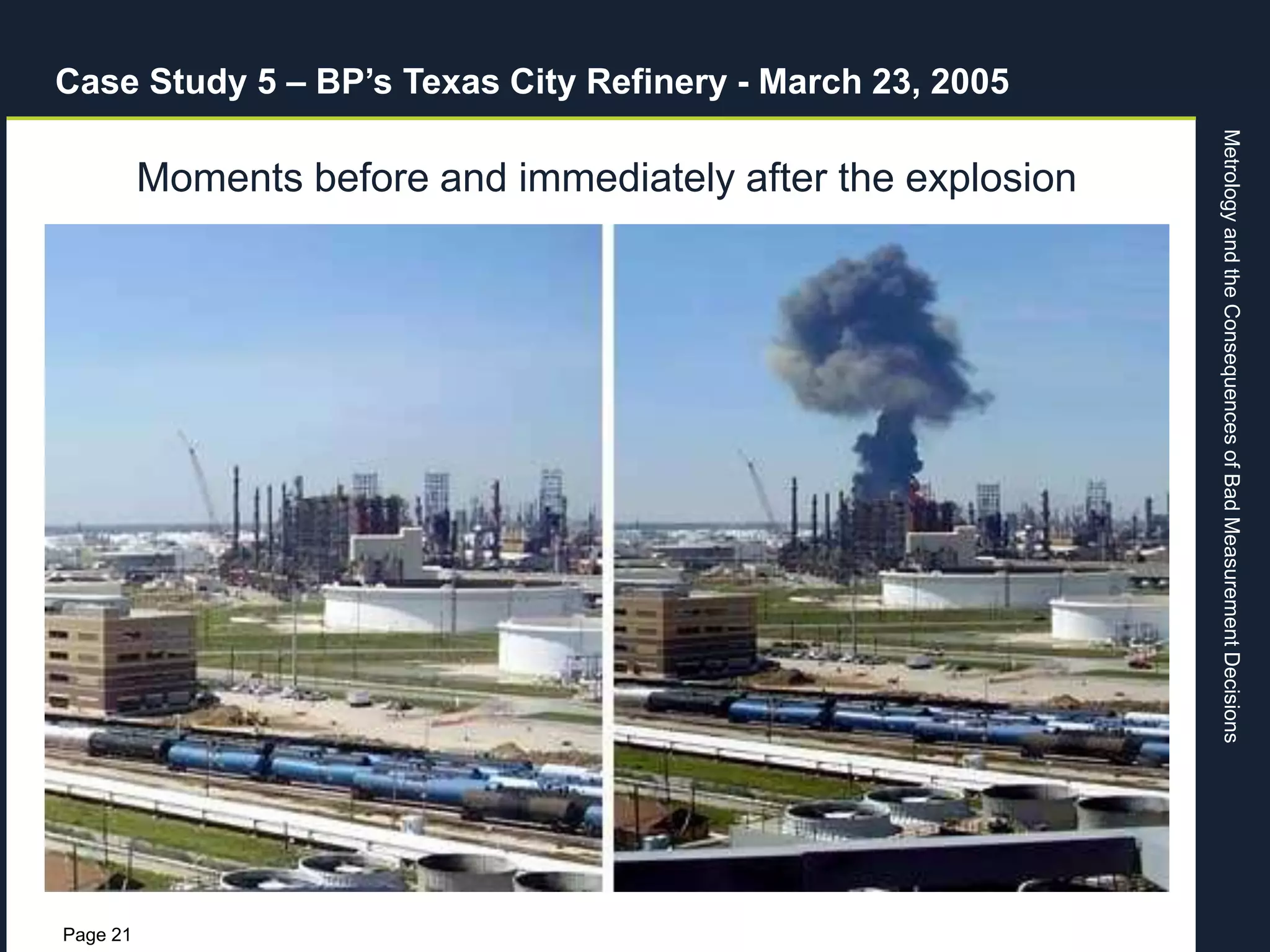 MetrologyandtheConsequencesofBadMeasurementDecisions
Page 21
Case Study 5 – BP’s Texas City Refinery - March 23, 2005
Moments before and immediately after the explosion
 