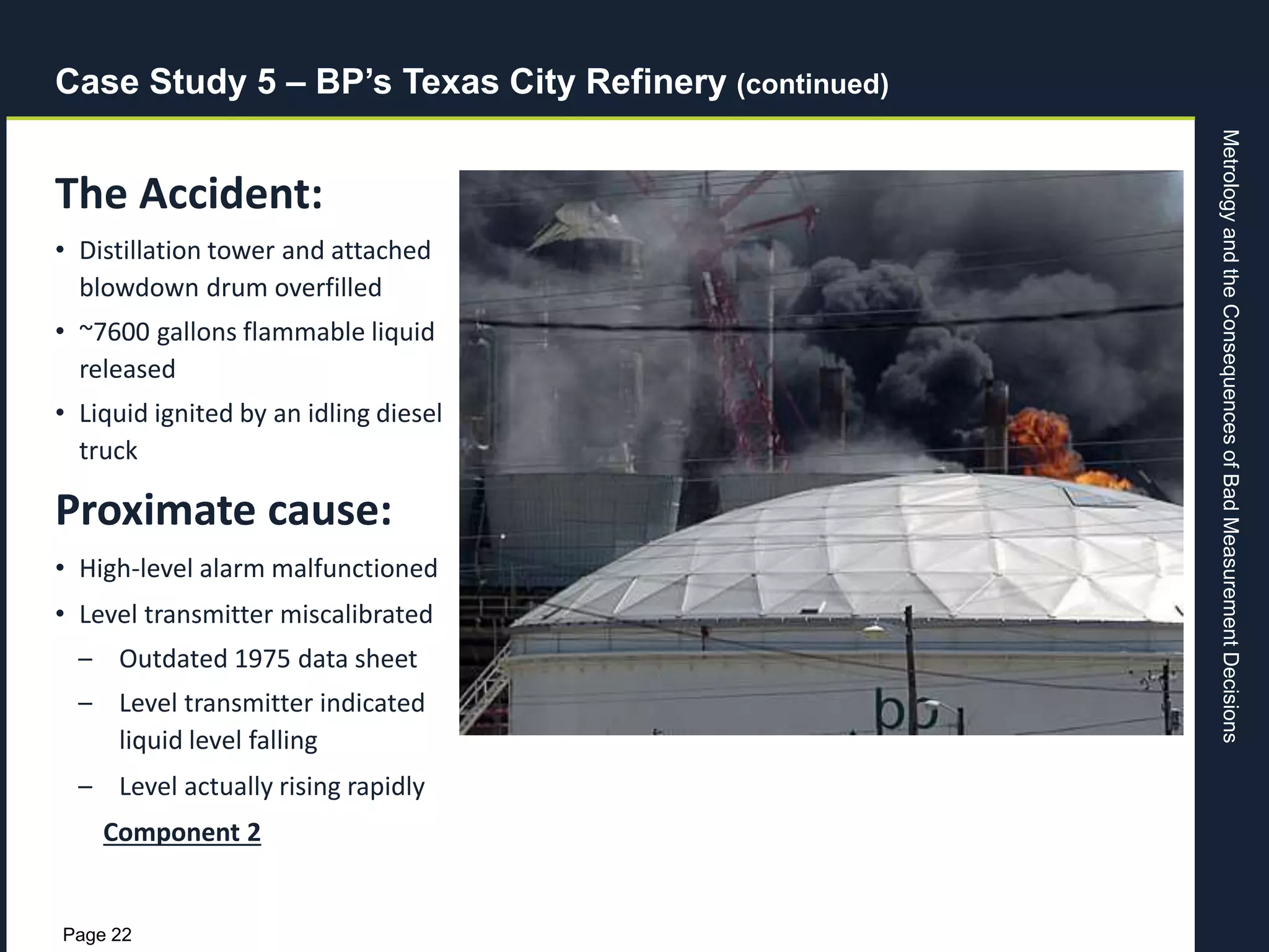 MetrologyandtheConsequencesofBadMeasurementDecisions
Page 22
Case Study 5 – BP’s Texas City Refinery (continued)
The Accident:
• Distillation tower and attached
blowdown drum overfilled
• ~7600 gallons flammable liquid
released
• Liquid ignited by an idling diesel
truck
Proximate cause:
• High-level alarm malfunctioned
• Level transmitter miscalibrated
– Outdated 1975 data sheet
– Level transmitter indicated
liquid level falling
– Level actually rising rapidly
Component 2
 