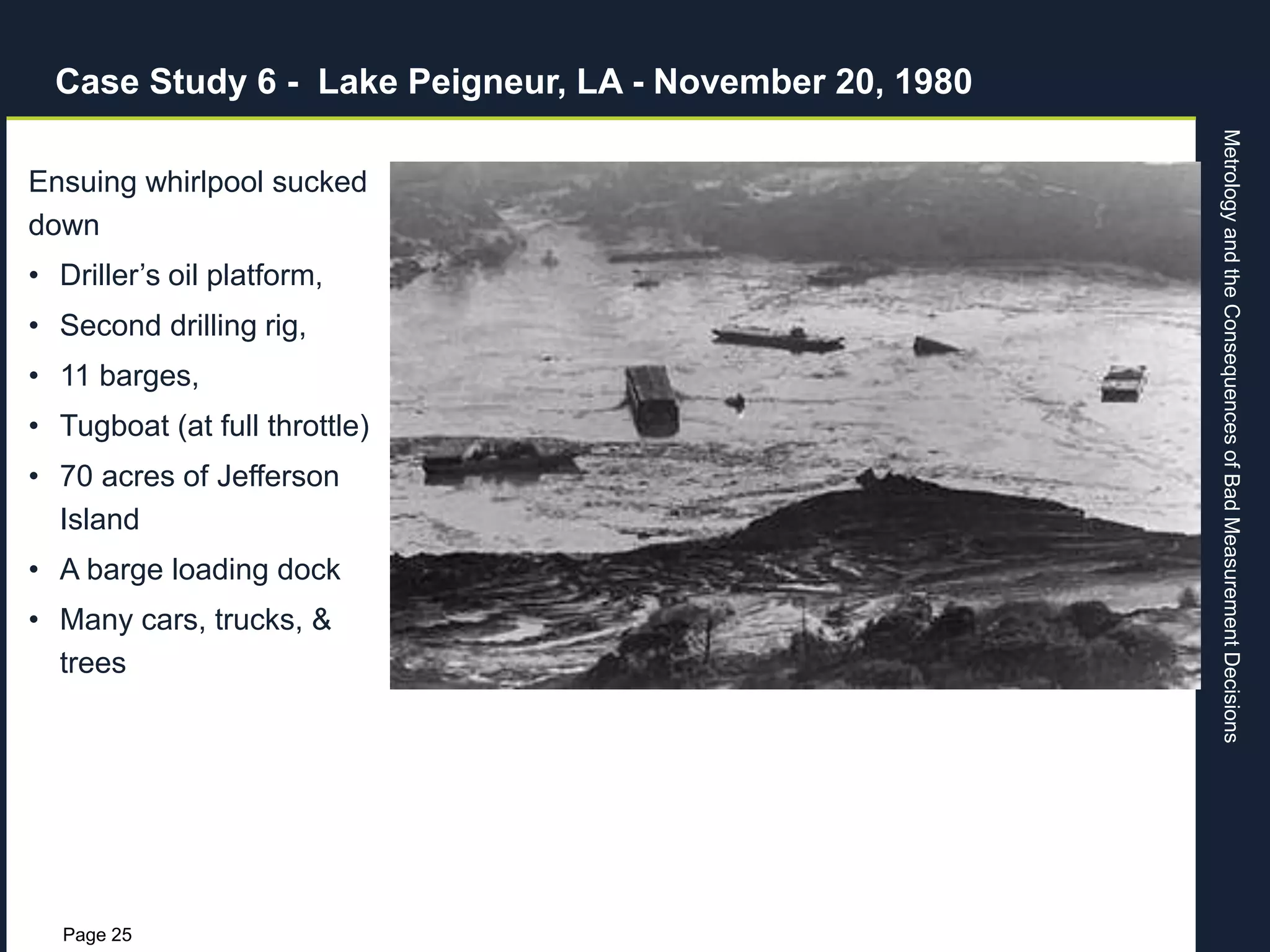 MetrologyandtheConsequencesofBadMeasurementDecisions
Page 25
Ensuing whirlpool sucked
down
• Driller’s oil platform,
• Second drilling rig,
• 11 barges,
• Tugboat (at full throttle)
• 70 acres of Jefferson
Island
• A barge loading dock
• Many cars, trucks, &
trees
Case Study 6 - Lake Peigneur, LA - November 20, 1980
 