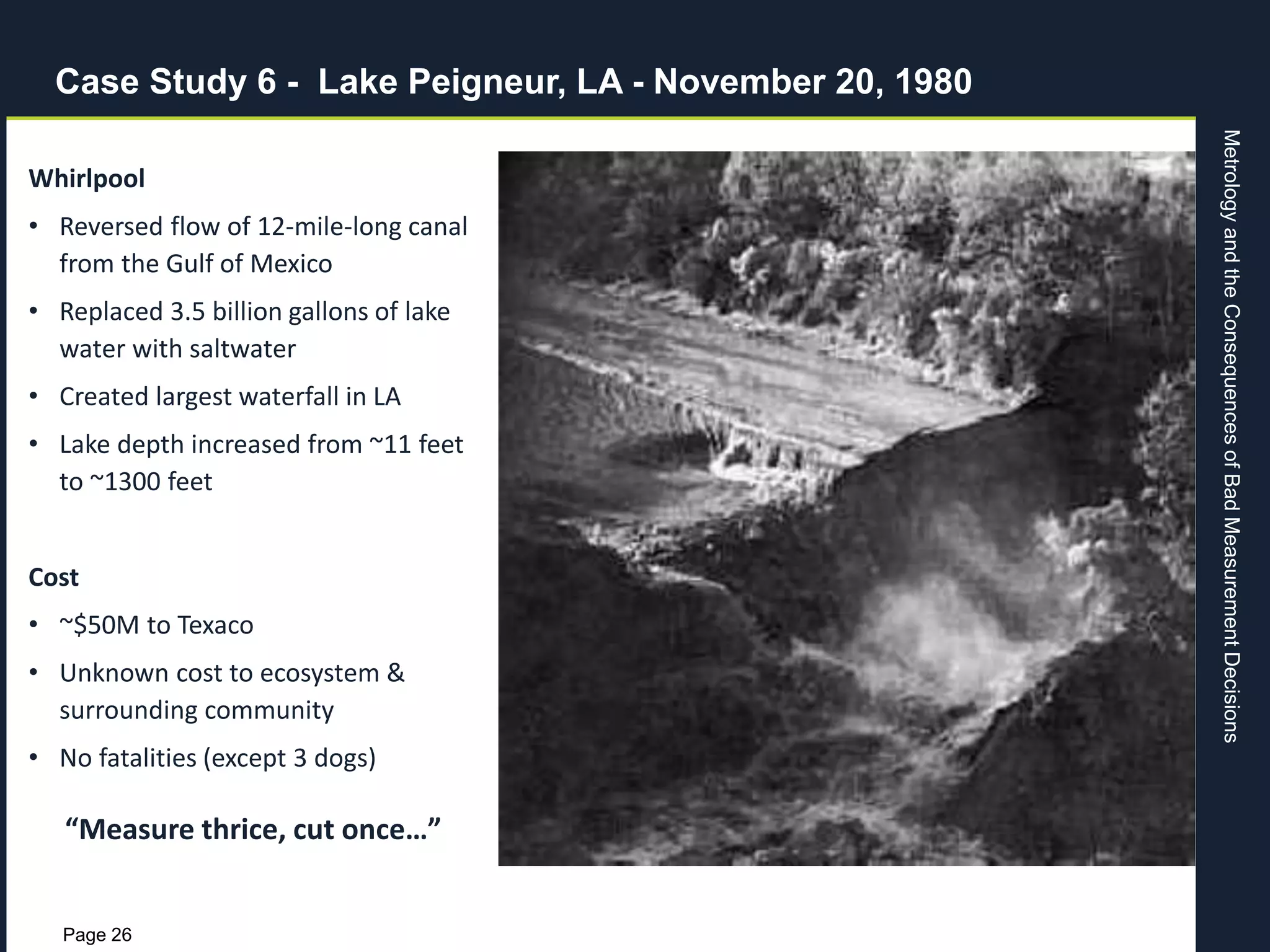 MetrologyandtheConsequencesofBadMeasurementDecisions
Page 26
Whirlpool
• Reversed flow of 12-mile-long canal
from the Gulf of Mexico
• Replaced 3.5 billion gallons of lake
water with saltwater
• Created largest waterfall in LA
• Lake depth increased from ~11 feet
to ~1300 feet
Cost
• ~$50M to Texaco
• Unknown cost to ecosystem &
surrounding community
• No fatalities (except 3 dogs)
“Measure thrice, cut once…”
Case Study 6 - Lake Peigneur, LA - November 20, 1980
 
