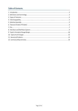 Page 2 of 15
Table of Contents
1. Introduction.........................................................................................................................................3
2. Definitions and Terminology................................................................................................................3
3. Types of Tolerance...............................................................................................................................4
4. Interchangeability................................................................................................................................5
5. Selective Assembly...............................................................................................................................5
6. Tolerance Grades (IT Grades)...............................................................................................................6
7. Fits.......................................................................................................................................................7
8. Hole Basis and Shaft Basis Systems ......................................................................................................9
9. Taylor's Principle of Gauge Design......................................................................................................10
10. Types of Limit Gauges ......................................................................................................................12
11. Numerical Problems.........................................................................................................................13
12. Summary of Key Formulas................................................................................................................14
 