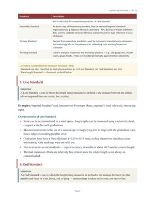 Engineering Metrology — Unit 1a
Page 4
Standard Description
and is used only for comparison purposes, at rare intervals.
Secondary Standard An exact copy of the primary standard, kept at national/regional standards
organizations (e.g. National Physical Laboratory - NPL, Bureau of Indian Standards -
BIS). Used to calibrate tertiary/reference standards and for legal reference in case
of dispute.
Tertiary Standard Derived from secondary standards; used by instrument manufacturing companies
and metrology labs as the reference for calibrating their working/inspection
standards.
Working Standard Used in everyday inspection and workshop practice — e.g., slip gauge sets, master
scales, gauge blocks. These are checked periodically against tertiary standards.
ALTERNATE CLASSIFICATION (BY DEGREE OF ACCURACY / TYPE)
Standards are also classified by their physical form as: (i) Line Standard, (ii) End Standard, and (iii)
Wavelength Standard — discussed in detail below.
5. Line Standard
DEFINITION
A Line Standard is one in which the length being measured or defined is the distance between the centres
of two engraved lines on a scale, bar, or plate.
Examples: Imperial Standard Yard, International Prototype Metre, engineer’s steel rule/scale, measuring
tapes.
Characteristics of Line Standard
• Scale can be accommodated in a small space; long lengths can be measured using a relatively short,
compact scale/bar with graduations.
• Measurement involves the use of a microscope or magnifying lens to align with the graduation lines,
hence subject to reading/parallax error.
• Graduation lines have a finite thickness (~0.05 to 0.15 mm), so they themselves introduce some
uncertainty; scale markings wear out with use.
• Not as accurate as end standards — typical accuracy attainable is about ±0.2 mm for a metre length.
• Thermal expansion effects are relatively less critical since the whole length is not always in
contact/loaded.
6. End Standard
DEFINITION
An End Standard is one in which the length being measured or defined is the distance between two flat,
parallel end faces of a bar, block, rod, or plug — measurement is taken end-to-end, not line-to-line.
 