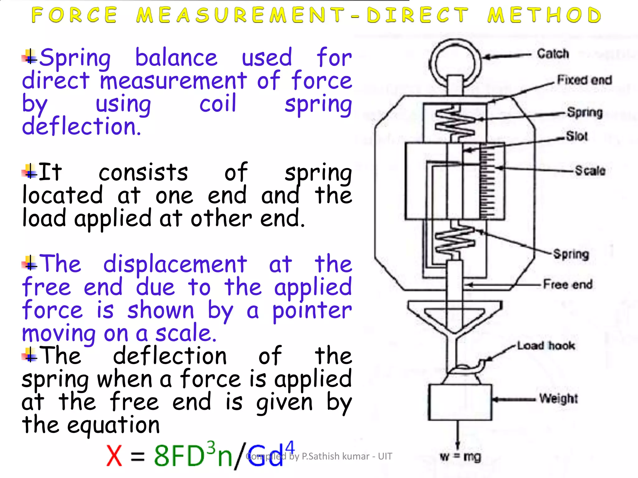 Spring balance used for
direct measurement of force
by using coil spring
deflection.
It consists of spring
located at one end and the
load applied at other end.
The displacement at the
free end due to the applied
force is shown by a pointer
moving on a scale.
The deflection of the
spring when a force is applied
at the free end is given by
the equation
Compiled by P.Sathish kumar - UIT
 