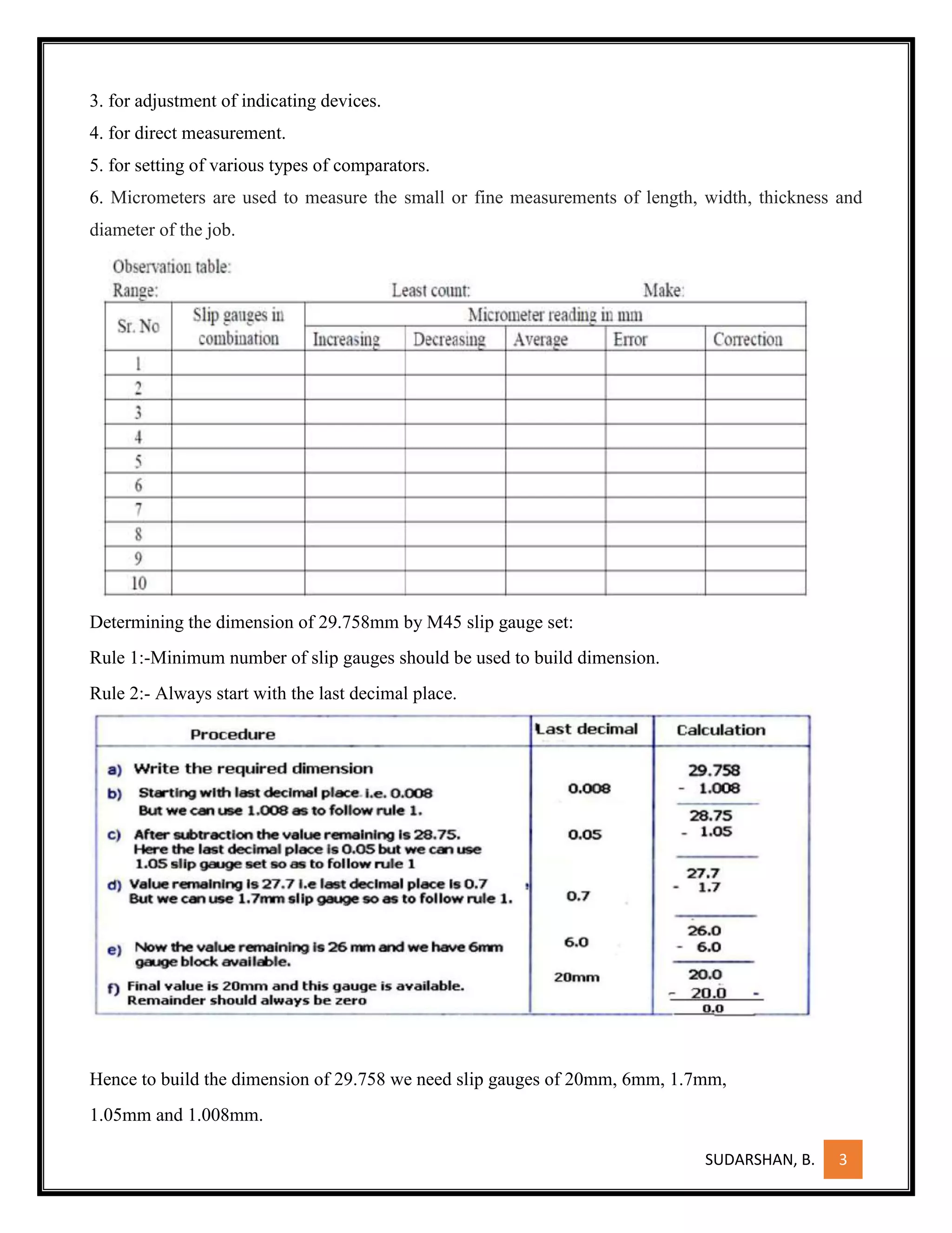 SUDARSHAN, B. 3
3. for adjustment of indicating devices.
4. for direct measurement.
5. for setting of various types of comparators.
6. Micrometers are used to measure the small or fine measurements of length, width, thickness and
diameter of the job.
Determining the dimension of 29.758mm by M45 slip gauge set:
Rule 1:-Minimum number of slip gauges should be used to build dimension.
Rule 2:- Always start with the last decimal place.
Hence to build the dimension of 29.758 we need slip gauges of 20mm, 6mm, 1.7mm,
1.05mm and 1.008mm.
 
