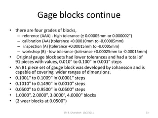 Gage blocks continue
• there are four grades of blocks,
    –   reference (AAA) - high tolerance (± 0.00005mm or 0.000002”)
    –   calibration (AA) (tolerance +0.00010mm to -0.00005mm)
    –    inspection (A) (tolerance +0.00015mm to -0.0005mm)
    –   workshop (B) - low tolerance (tolerance +0.00025mm to -0.00015mm)
•    Original gauge block sets had lower tolerances and had a total of
    91 pieces with values, 0.010” to 0.100” in 0.001” steps
•   An 81 piece set of gauge block was developed by Johansson and is
    capable of covering wider ranges of dimensions.
•   0.1001” to 0.1009” in 0.0001” steps
•   0.1010” to 0.1490” in 0.0010” steps
•   0.0500” to 0.9500” in 0.0500” steps
•   1.0000”, 2.0000”, 3.0000”, 4.0000” blocks
•   (2 wear blocks at 0.0500”)

                             Dr. B. Gharaibeh 10/7/2011                  33
 