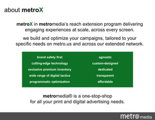 about metroX
brand safety first
cutting-edge technology
exclusive premium inventory
wide range of digital tactics
programmatic optimization
agnostic
custom-designed
dedicated
transparent
affordable
metroX in metromedia’s reach extension program delivering
engaging experiences at scale, across every screen.
we build and optimize your campaigns, tailored to your
specific needs on metro.us and across our extended network.
metromedia® is a one-stop-shop
for all your print and digital advertising needs.
 