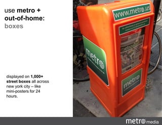 displayed on 1,000+
street boxes all across
new york city – like
mini-posters for 24
hours.
use metro +
out-of-home:
boxes
 