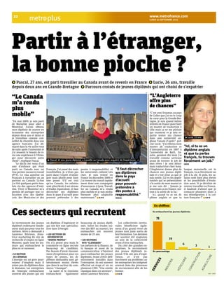 LUNDI 20 SEPTEMBRE 2010 plus 
“L’Angleterre 
offre plus 
de chances” 
“C’est avec Erasmus au pays 
de Galles que j’ai eu le coup 
de coeur pour la Grande-Bre-tagne. 
Je suis quand même 
rentrée en France pour faire 
un master de traduction à 
Lille mais ça ne me plaisait 
pas vraiment et je suis re-partie 
tenter ma chance 
dans une université an-glaise 
l’année d’après”, pré-cise 
Lucie. “J’ai obtenu mon 
master de traduction et 
d’interprétariat en 2007 à 
l’université de Bath. En-suite, 
pendant dix mois j’ai 
travaillé comme serveuse 
avant de trouver le job de 
mes rêves ! Je suis désor-mais 
traductrice chez Sony. 
L’Angleterre donne plus de 
chances aux jeunes diplô-més 
et c’est pour ça que je 
suis restée. J'ai vu les oppor-tunités 
qui se présentaient 
à la sortie de mon master et 
je me suis dit : ‘Jamais je 
trouverais ça en France, sur-tout 
à la sortie de la fac.’ 
Ici, quand tu as un di-plôme 
anglais et que ta 
DR 
langue maternelle est le 
français, tu as forcément un 
job à la clé. Et puis, les sa-laires 
sont bien plus élevés 
et les possibilités d’évolu-tion 
aussi. Si je décidais de 
rentrer travailler en France, 
il faudrait d'abord que je 
consacre plusieurs mois à 
ma réintégration à la cul-ture 
française !” N.D!D 
22 www.metrofrance.com 
Partir à l’étranger, 
la bonne pioche ? 
Pascal, !" ans, est parti travailler au Canada avant de revenir en France Lucie, !# ans, travaille 
depuis deux ans en Grande-Bretagne Parcours croisés de jeunes diplômés qui ont choisi de s’expatrier 
Ces secteurs qui recrutent 
Le recrutement des jeunes 
diplômés redémarre timide-ment 
mais pas pour tous les 
métiers. Metro a demandé à 
Laurence Bricteux, direc-trice 
marketing du site de 
recherche d’emploi en ligne 
Monster, quels sont les sec-teurs 
qui embauchent le 
plus en ce moment. 
• LE SECTEUR 
DE L’ÉNERGIE 
L’énergie est un gros pour-voyeur 
d’emplois mais il 
existe peu de diplômes dans 
le domaine. Les entreprises 
de l’énergie embauchent 
souvent des jeunes qui ont 
un diplôme d’ingénieur et 
qui ont fait une spécialisa-tion 
dans l’énergie. 
• LES SECTEURS EN 
RECHERCHE DE 
“JEUNES PROFILS” 
On n’y pense peu mais le 
commerce en ligne recrute 
beaucoup de candidats. 
Pas besoin d’avoir énormé-ment 
d’expérience pour ces 
types de postes, les di-plômes 
demandés sont gé-néralement 
moins élevés 
que dans le secteur du com-merce 
“classique”. 
La santé et le tourisme 
embauchent également 
beaucoup de jeunes diplô-més. 
Selon les études sui-vies 
(du BEP au master), les 
embauchés ont souvent 
moins de 25 ans. 
• LES SECTEURS 
DITS “CLASSIQUES” 
Les métiers de la finance, de 
la banque et aussi de la 
communication n’hésitent 
pas à embaucher des jeunes 
diplômés. Avant d’être défi-nitivement 
installés dans 
l’entreprise, ils ont souvent 
effectué un stage et un ou 
plusieurs CDD. “Une entrée 
classique dans ces secteurs”, 
selon Laurence Bricteux. 
Les collectivités territo-riales 
bénéficient égale-ment 
d’un grand vivier de 
jeunes tout juste sortis de 
leur formation. Ces derniers 
ont souvent été stagiaires 
au sein de la collectivité 
avant d’être embauchés. 
Du côté des grandes en-treprises, 
le recrutement 
des jeunes diplômés re-prend. 
S’ils ont peu d’expé-rience, 
ce n’est pas 
forcément un problème car 
les entreprises les intègrent 
souvent dans des processus 
de recrutement afin de les 
former. 
N.D!D 
“Le Canada 
m’a rendu 
plus 
mobile” 
“En mai 2009, je suis parti 
de Marseille pour aller à 
Montréal. J’avais obtenu 
mon diplôme de master en 
économie des entreprises 
depuis deux ans et demi et 
je travaillais comme con-seiller 
de clientèle dans une 
agence bancaire. J’ai dé-marré 
dans la vie active tout 
de suite après l’université et 
j’ai ressenti le besoin de vi-vre 
une expérience à l’étran-ger 
pour découvrir autre 
chose”, explique Pascal. 
“Le déclic est venu d’un 
ami d’enfance qui était 
parti au Canada avec un 
visa permis vacances travail 
(PVT). Ce visa autorise un 
Français à travailler un an 
partout au Canada. Là-bas 
j’ai fait quelques petits bou-lots 
via des agences d’inté-rim. 
Vivre à Montréal m’a 
permis de partager une co-location 
avec des Québé-cois, 
des Mexicains et des 
Français. J’ai passé des mois 
inoubliables. Je n’étais pas 
parti dans l’esprit d’immi-grer 
mais plutôt pour faire 
une pause. S’il est vrai 
qu’au Canada, les salaires 
sont plus élevés à un niveau 
d’études équivalent, il faut 
décrocher ses diplômes 
dans le pays d’accueil pour 
pouvoir prétendre à des 
postes à responsabilité, et 
les universités coûtent très 
cher. Je suis rentré en 
France en décembre 2009 et 
j’ai trouvé du travail rapide-ment 
dans une compagnie 
d’assurances à Lyon. Travail-ler 
au Canada m’a rendu 
plus mobile et je suis proba-blement 
plus adaptable 
maintenant.” N.D!D 
“Il faut décrocher 
ses diplômes 
dans le pays 
d’accueil 
pour pouvoir 
prétendre à 
des postes à 
responsabilité.” 
PASCAL 
DR 
“Ici, si tu as un 
diplôme anglais 
et que tu parles 
français, tu trouves 
forcément un job.” 
LUCIE 
En chiffres 
Ils embauchent les jeunes diplômés. 
19 
6 3 1 
"#$%&'#" 
!"#$%&'!( 
)O&(++('!( 
,-"%&'$,&!-" 
./'!,$+&$'( 
71 
Pascal, 27 ans, jeune diplomé, a travaillé au Canada pour acquérir de l’expérience. 
Lucié, 27 ans. 
!""# $ INSEE 
En pourcentage 
 