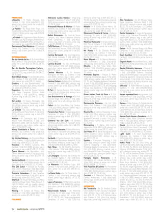 54 campinas 14/8/16metrópole
FRANCESES
L’Alouette - R. Padre Almeida, 632,
Cambuí, f. (19) 3254-3340/99771-3315,
almoço: ter. a dom.; jantar: ter. a sáb. (ES,
EM, DF, CC,TE, $$$)
La Palette - Av. Royal Palm Plaza, 277,
NovaCalifórnia(RoyalPalmPlazaResort),
f.(19)2117-8092,jantar:seg.asáb.(ES,EM,
DF, CC, $$$$)
Le Triskell - Av. Engenheiro Fábio Roberto
Barnabé, 723, Pq. Ecológico, Indaiatuba, f.
(19) 3934-6408/3816-8353, almoço: ter. a
dom.; jantar: ter. a sáb. (ES, EM, CC, $$$$)
Restaurante Théo Medeiros - R. Sampaio
Ferraz, 175, Cambuí, f. (19) 3255-4333,
almoço: sáb. e dom.; jantar: ter. a sáb. (DF,
$$$$)
INTERNACIONAIS
Bar do Alemão de Itu - R. Dr. Emílio Ribas,
160, Cambuí, f. (19) 3254-5544, almoço e
jantar: ter. a dom. (ED, ES, EM, CC, DF, TE,
$$$)
Bar do Alemão Parmegiana Factory -
Shopping Iguatemi Campinas, 2º piso, f.
(19) 3251-7125, seg. a dom. (ES, EM, DF, CC,
TR,TE, $$$)
BistrôBlackSheep–R.dosBandeirantes,
270, Cambuí, f. (19) 3252-6186, almoço:
dom.; jantar: ter. a sáb. (DF, CC, $$$$)
D’autore - R. dos Bandeirantes, 313,
Cambuí, f. (19) 3307-3921, almoço e jantar:
ter. a dom. (ES, EM, DF, CC, $$$)
Esquinica - Av. José de Souza Campos,
425, Nova Campinas (Vitória Hotel
Campinas), f. (19) 3755-8027, almoço
e jantar: seg. a sáb. (ES, EM, DF, CC, TE,
$$$$)
Del Jardim - R. Severo Penteado, 140,
Cambuí (Trip Hotels Campinas), f. (19)
3753-8000, almoço e jantar: seg. a dom.
(ES, EM, DF, CC, $$$)
La Grillade - Av. Júlio de Mesquita, 115,
Cambuí (Noumi Plaza Hotel), f. (19) 2103-
8000, almoço e jantar: seg. a dom. (ES,
EM, DF, CC, $$$)
Matisse - R. Conceição, 450, Cambuí
(Royal Palm Residence), f. (19) 2117-
4203/2117-4200, café da manhã: seg. a
dom.; almoço: seg. a dom.; jantar: seg. a
sáb. (ES, EM, DF, CC, $$$)
Munay Cevicheria e Tartar - R. Padre
Almeida, 352, Cambuí, f. (19) 3254-7575,
almoço: sex. a dom.; jantar: ter. a sab. (DF,
CC, $$$)
My Kitchen Delivery - Av. Orozimbo Maia,
2.042, Cambuí, f. (19)3113-8080, almoço e
jantar: seg. a dom. (ES, CC,TE, $$)
Nosotros - R. Antônio Cezarino, 885,
Cambuí, f. (19) 2511-0588, almoço: seg. a
dom.; jantar: seg. a sáb.(ES, DF, CC,TE, $$)
Ópera Morena - Av. Aquidaban, 400,
Centro (Mercure Hotel), f. (19) 3733-7703,
almoço e jantar: seg. a dom. (ES, EM, DF,
CC, $$$)
Senhorita Bistrô - R. Antônio Lapa, 1.029,
Cambuí, f. (19) 3342-6999, almoço: ter. a
dom.; jantar: ter. a sáb. (ES, CC,TE, $$$)
The Old Dutch – Estrada do Fundão,
200, Centro, Holambra, f. (19) 3802-1290,
almoço: ter. a dom. (ES, DF, CC, AC, $$$)
Tratterie Holandesa - R. das Camélias,
317, Centro, Holambra, f. (19) 3802-3004,
almoço: seg. a dom. (ES, DF, CC, $$$)
Vila Real - Av. Royal Palm Plaza, 277, Nova
Califórnia (Royal Palm Plaza Resort), f.
(19) 2117-8092, café da manhã, almoço
e jantar: seg. a dom. (ES, EM, DF, MV, CC,
$$$$)
Warong - R. Campo de Pouso, 607,
Holambra, f. (19) 3802-1495/3802-1700,
almoço: ter. a dom. (ES, DF, CC, $$$)
ITALIANOS
Abbraccio Cucina Italiana - Shop-ping
Iguatemi Campinas, 1o
piso, f. (19) 3294-
0365, almoço e jantar: seg. a dom. (ES, DF,
CC,TR,TE, $$$)
Artesanalli Massas & Molhos - R. Padre
Almeida, 735, Cambuí, f. (19) 3255-5392,
almoço: seg. a dom.; jantar: seg. a sáb. (ED,
ES, EM, DF, CC,TE, $$$)
Bellini Ristorante - Av. José de Souza
Campos, 425, Nova Campinas (Vitória
Hotel Campinas), f. (19) 3755-8027,
almoço: seg. a dom. e feriados; jantar: seg.
a sáb. (ES, EM, DF, CC,TE, $$$$)
Ca’Di Mattone - R. Maneco Rosa, 53 (Pça.
São Sebastião), Sousas, f. (19) 3258-9010,
almoço: sex. a dom.; jantar: ter. a sáb. (ES,
DF, CC, $$)
Cantina Bertazzoli - Av. dos Imigrantes,
636, Portal Vinhedo, f. (19) 3876-1237,
almoço: qui. a dom.; jantar: sex e sáb. (ES,
DF, CC, $$$$)
Cantina Brunelli - Av. Júlio de Mesquita,
1.057, Cambuí, f. (19) 3325-9500, almoço:
seg. a dom.; jantar: seg a sáb. (ED, ES, EM,
DF, CC,TE, $$$)
Cantina Messina - R. Dr. Antonio
Rodrigues de Melo, 32, Cambuí, f. (19)
2515-6060, almoço: seg. a dom.; jantar:
seg. a sáb. (ES, EM, DF, CC,TE, $$$)
Cantina Zinhani - Av. Brasil, 647, Jd. Brasil,
Vinhedo, f. (19) 3886-3887, almoço: seg.
a dom.; jantar: qui. a sáb. (ED, ES, EM, DF,
CC,TE, $$)
Di Fari - R. Santos Dumont, 505, Cambuí,
f. (19) 3255-3751/3294-1919, almoço: ter. a
dom. (ES, EM, CC,TE, $$)
Duo Bruschetteria & Bottega – R. Prof.
Gustavo Enge, 48, Cambuí, f. (19) 3395-
9699, jantar: ter. a sáb.; almoço: dom. (CC,
$$$$)
Fellini - Av. Cel. Silva Telles, 514, Cambuí,
f. (19) 3252-0845, almoço e jantar: seg. a
dom. (ES, EM, DF, CC,TE, $$$)
Forneria San Pietro - Shopping Iguatemi
Campinas, 2o
piso, f. (19) 3255-8677,
almoço e jantar: seg. a dom. (ES, DF, CC,
TE, $$$$)
Galeteria Via Dei Galli - R. Oliveira
Cardoso, 225, Castelo, f. (19) 3241-4044,
almoço: seg. a dom.; jantar: ter. a sáb. (ES,
CC,TE, $$$)
GalloNeroRistorante-R.MariaMonteiro,
59, Cambuí, f. (19) 3308-5711, almoço: seg.
a dom.; jantar: seg. a sáb. (ES, EM, DF, CC,
$$$)
Garibaldi -R.SantosDumont,291,Cambuí
(Vitória Hotel Residence Newport), f. (19)
3754-8000, almoço e jantar: seg. a sáb.;
café da manhã: dom. (ES, EM, CC, $$$)
Italy Shop - Av. Dr. Alberto Sarmento,
1.109, Castelo, f. (19) 3241-0864, almoço:
seg. a dom.; jantar: seg. a sáb. (ES, DF, CC,
TR,TE, $)
La Campagna - Estrada das Cabras, Km
5,5, Joaquim Egídio, f. (19) 3298-6572,
almoço: qui. a dom. e feriados; jantar: qui.
a sáb. (ES, DF, CC, AC, $$)
La Masseria - R. Antônio Lapa, 306,
Cambuí, f. (19) 2512-3491, almoço: ter. a
dom.; jantar: ter. a sáb. (ES, EM, DF, CC,
$$$$)
La Pasta Gialla - Av. Cel. Silva Telles, 75,
Cambuí, f. (19) 3294-1414, almoço: seg.
a dom.; jantar: seg. a sáb. (ES, DF, CC, TE,
$$$$)
Laura e Francesco - R. Martinho Leardine,
326, Valinhos, f. (19) 3849-6714, almoço:
qua. a dom.; jantar: qui. a sáb. (ES, EM, CC,
$$$$)
Macarronada Italiana - Av. Marechal
Carmona, 712, Vl. João Jorge, f. (19) 3232-
2377, almoço e jantar: ter. a dom. (ES,
DF, CC, TR, TE, $$). Shop-ping Iguatemi
Campinas, 3o
piso, f. (19) 3253-1125,
almoço e jantar: seg. a dom. (ES, DF, CC,
TE,$$).Aeroporto deViracopos,praçade
alimentação, 2° piso, almoço e jantar: seg.
a dom. (ES, DF, CC,TE, $$)
Maialini – R. Emília Paiva Meira, 76,
Cambuí, f. (19) 2515-2738, almoço: ter. a
sáb.; jantar: ter. a sáb. (DF, CC, $$$)
Maremonti Pizzaria & Cucina - Galleria
Shopping, 2o
piso, f. (19) 3206-1160,
almoço e jantar: seg. a dom. (ES, DF, CC,
TR ,TE, $$$)
Mestrino Ristorante - Estrada da Boiada,
672, Portal Vinhedo, f. (19) 3876-6005,
almoço: ter. a dom.; jantar: ter. a sáb. (ES,
MV, CC, AC, $$$)
Mr. Piatto - R. Dr. Cândido Ferreira
de Camargo, 33, Cambuí, f. (19) 3252-
1940/3295-3976, almoço: seg. a dom. (ED,
ES, EM, DF, CC, $$$)
Nono Miquele - R. Dr. Barros Monteiro,
108, Guanabara, f. (19) 3242-9034,
almoço: seg. a dom. (DF, CC,TE, AC,TR, $)
Olivetto - Av. Cel. Silva Telles, 843,
Cambuí, f. (19) 3294-8133, almoço: seg. a
dom.; jantar: seg. a sáb. (ES, EM, DF, CC,
TE, $$$$)
Premiatto Express - Parque D. Pedro
Shopping, Entrada das Águas, f. (19) 3209-
2580, almoço e jantar: seg. e dom. (ES, DF,
CC, TE, $$). Shopping Iguatemi Campinas,
3o
piso, f. (19) 3252-1299, almoço e jantar:
seg.edom.(ED,ES,DF,CC,TE,$$).Shopping
Parque das Bandeiras, f. (19) 3229-5194,
almoço e jantar: seg. e dom. (ES, DF, CC,TR,
TE,$$)
Prime Italian Fresh & Pizza – R. Cel.
Quirino, 999, Cambuí, f. (19) 3326-5934,
almoço e jantar: seg. a dom. (ED, ES, EM,
DF, CC,TE, AC, $$$)
Restaurante Romanos - Av. Cel. Silva
Telles, 620, Cambuí, f. (19) 3254-5858,
almoço e jantar: seg. a dom. (ED, ES, EM,
CC,TE, $$)
Risotto Mix – Galleria Shopping, 3o
piso,
f. (19) 3207-1964, almoço e jantar: seg.
a dom. (ES, DF, CC, TR, TE, $). Shopping
Iguatemi Campinas, 3o
piso, f. (19) 3252-
3636, almoço e jantar: seg. a dom. (ES, DF,
CC,TE, $$)
Ristorantino - R. Bahia, 200, Centro,
Jaguariúna, f. (19) 3867-2436, almoço: ter.
e dom.; jantar: ter. a sex. (DF, CC, $$$)
San Pietro IV - R. Barão de Jaguara, 1.341,
Centro (Galeria Carlos Gomes), f. (19)
99270-7037/3327-1087, almoço: seg. a
sex. (DF, CC,TE, $).
Spoleto - Campinas Shopping, f. (19)
3227-1399, almoço e jantar: seg. a dom.
Galleria Shopping, f. (19) 3207-0974.
Shopping Iguatemi Campinas, 3o
piso, f.
(19) 3255-3530, almoço e jantar: seg. a
dom. Parque D. Pedro Shopping, 3o
piso,
f. (19) 3208-1992, almoço e jantar: seg. a
dom. (ES, DF, CC,TE, $)
Famiglia Gianni Ristorante - R.
Pedregulho, 27, Chácara da Barra, f. (19)
3294-2087, almoço e jantar: ter. a dom.
(ED, ES, EM, DF, CC,TE, $$$)
Vick Pizza Bar & Cozinha - Av. Presidente
Vargas, 3.041, Indaiatuba (Vitória Hotel),
f. (19) 3801-8000, almoço e jantar: seg. a
dom. (ES, DF, CC,TE, AC, $$)
Zucchini - R. Marechal Deodoro, 169,
Centro, Americana, f. (19) 3645-1300,
almoço: qua. a dom.; jantar: sex. e sáb. (ES,
DF, CC,TR, $$$)
JAPONESES
Aki Temakeria - Av. Dr. Antônio Carlos
CoutodeBarros,1371,Sousas,f.(19)3258-
2797, almoço: seg. a sáb.; jantar: seg. a
dom. (ED, ES, CC, TE, $). R. Antonio Lapa,
490, Cambuí, f. (19) 3294-2514, almoço:
seg. a sáb.; jantar: seg. a dom. (ES, CC, TE,
$)
Akio Temakeria – Av. Dr. Moraes Sales,
Nova Campinas (Ventura Mall), f. (19)
3253-4072, almoço e jantar: seg. a dom.
(ES,CC,TE,$). R.Conceição, 1.123, Cambuí,
f. (19) 3201-0606, almoço e jantar: seg. a
dom. (ES, DF, CC,TE, $)
DaishoTemakeria-R.JorgedeFigueiredo
Corrêa, 1.179, Chácaras Primavera, f. (19)
3396-8388, almoço: seg. a sáb.; jantar:
seg. a dom. (ED, ES, CC,TE, $$). R. Coronel
Quirino, 600, Cambuí f. (19) 3294-0690,
almoço: seg. a sáb.; jantar: seg. a dom. (ES,
DF, CC,TE, $$)
Daitan - Av. Dr. Hermas Braga, 439, Nova
Campinas, f. (19) 2519-1099, almoço e
jantar: ter. a dom. (ES, CC,TE, $$$)
Doshi Sushibar - R. Dr. Emílio Ribas, 844,
Cambuí, f. (19) 3256-8874, jantar: de ter. a
dom. (CC)
Empório Nashi - Av. José Bonifácio, 2.208,
Jd. Paineiras, f. (19) 3254-0359, seg. a sáb.
(ES, DF, CC, $$)
Gendai Culinária Japonesa - Parque D.
Pedro Shopping (praça de alimentação),
f. (19) 3756-9998. Galleria Shopping
(praça de alimentação), f. (19) 3206-0029.
Shopping Iguatemi Campinas (praça de
alimentação), f. (19) 3254-2139. Todas as
unidades abrem no almoço e jantar: seg.
a dom. (ES, DF, CC,TE, $)
Ishikawa - R. Padre Manoel Guinaut, 10,
Valinhos, f. (19) 3871-7781/3871-8179,
almoço: seg. a sex.; jantar: qui. a sáb. (ES,
CC,TR,TE, $$)
Kaizen Japanese Food - Av. Iguatemi, 556,
Vila Brandina, f. (19) 3253-2955, almoço:
seg. a dom.; jantar: seg. a sáb. (ES, EM, DF,
CC,TE, $$)
Katana – R.das Tulipas, 25, Cidade Jardim
I, Americana, f. (19) 3461-3598, almoço e
jantar: ter. a dom. (ED, DF, CC, TE, $$). R.
Cabo Hoffman, 34, Jd. São Paulo, Sumaré,
f. (19) 3365-9552, almoço e jantar: ter. a
dom. (DF, CC,TE, $$)
Kenzan Sushi House e Temakeria - Av. Dr.
Moraes Sales, Nova Campinas, Ventura
Mall, f. (19) 3253-4072, almoço e jantar:
todos os dias. (ES, DF, CC,TR, $)
Kindai - Av. José de Souza Campos, 425,
Cambuí (Vitória Hotel Campinas), f. (19)
3755-8027, almoço e jantar: seg. a dom.
e feriados. (ES, EM, DF, MV, CC,TE, $$$$)
Light Sushi - R. José Guatemozim
Nogueira, 40, Cambuí, f. (19) 3294-
6761/3294-6675, almoço e jantar: seg. a
dom. (ED, ES, CC,TR,TE, $$$)
Makis Place - Av. Cel. Silva Teles, 54,
Cambuí, f. (19) 3365-2500, seg. a dom. (DF,
CC, TE, $$). Av. Albino José Barbosa de
Oliveira, 976, Barão Geraldo, f. (19) 3367-
3077, almoço e jantar: seg. a dom. (ES, DF,
CC, TE, $$). Av. Antônio Carlos Couto de
Barros, 2.245, Sousas, f. (19) 3258-1524,
almoço: seg. a sáb.; jantar: seg. a dom.
(ES, DF, CC, TE, $). Av. Invernada, 2.287,
Nova Suíça, Valinhos, f. (19) 3829-2837,
almoço e jantar: seg. a dom. (ES, DF, CC,
TE, $$); Av. Jorge Figueiredo Corrêa, 1.727
(Shopping Las Casas Mall), Mansões Sto.
Antonio, f. (19) 3256-4993, almoço: seg.
a sáb; jantar: seg. a dom. (ES, DF, CC, TE,
$$). ShoppingIguatemi Campinas, 3o
piso,
f. (19) 2121-2669, almoço e jantar: seg.
a dom. (ES, DF, CC, TE, $$). Av. Princesa
d’Oeste, 1.375, f. (19) 3254-0365, almoço
e jantar: seg. a dom. (ES, CC, TE, $$). Rua
Tapuru, 25, Alphaville, f. (19) 3262-0976,
almoço e jantar: seg. a dom. (ED, ES, DF,
CC, TE, $$). Campinas Shopping, f. (19)
322- 1120, almoço e jantar: seg. a dom.
(ES, DF, CC, TE, $$). Av. Brasil, 1.227, Jd.
Guanabara, f. (19) 3291-6800, almoço e
jantar: seg. a dom. (ES, DF, CC, TE, $$).
 