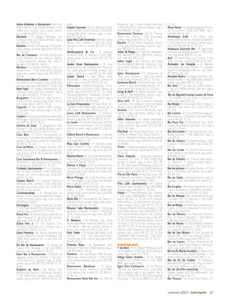 57campinas 14/8/16 metrópole
Aulus Videobar e Restaurant - Av. Prof.
Atílio Martini, 939, Barão Geraldo, f. (19)
3289-4453, almoço: seg. a dom.; jantar:
qui. a sáb. (ES, DF, CC,TE, $)
Bachiato - R. Raggio Nóbrega, 130,
Cambuí, f. (19) 3203-4509, almoço: seg. a
sex. (ED, CC,TR,TE, $)
Badebec - Galleria Shopping, f. (19) 3206-
0201, almoço e jantar: seg. a dom. (ES, DF,
CC,TE, $$)
Bar da Cachoeira - Estrada Professora
Lydia Abdalla, Km 2,5, Joaquim Egídio,
f. (19) 3298-6118, almoço: sáb., dom. e
feriados. (ES, MV, AC, $$$$)
Bardana - Av. Romeo Tórtima, 1.500, Cd.
Universitária, f. (19) 3289-9073, almoço:
seg. a sex.; jantar: seg. a sáb. (ES, DF, CC,
TE, $$)
Barlacobaco Bar e Cozinha - R. Antônio
José Feltrin, 53, Sousas, f. (19) 3258-7991,
almoço:seg.adom.(ES,DF,CC,TE,AC,$$)
Bate-Papo - R. Irmãos Bierrenbach, 26,
Cambuí, f. (19) 3235-3241, almoço: seg. a
dom. (ED, ES, EM, CC,TE, AC, $$)
Burguetto - R. Dr. Quirino, 1.396, Centro, f.
(19) 3308-4911, almoço: seg. a sáb.; jantar:
ter. a dom. (ED, ES, DF, CC,TE, $)
Caçarola - R. Gal. Osório, 1.807, Cambuí,
f. (19) 3252-2445, almoço: seg. a sáb. (DF,
ES, CC, $$)
Camoní -R.Dr.AntonioÁlvaresLobo,485,
Botafogo, f. (19) 3233-3333, almoço: seg. a
sex. (ED, ES, DF, CC,TE, $)
Cantina do Zuza - R. Uruguaiana, 635,
Bosque, f. (19) 3232-4894, almoço: seg. a
sáb. e feriados .(ED, ES, DF, CC,TE, $)
Casa Bela - R. Dória Vasconcelos, 81,
Holambra, f. (19) 3802-8040/3802-8044,
almoço: seg. a dom.; jantar: ter. a dom. (ES,
DF, MV, CC,TE, $$)
Casa de Maria - Av. Romeu Tórtima, 368,
Barão Geraldo, f. (19) 3365-2530, almoço:
seg. a dom.; jantar: ter. a sáb. (ES, EM, DF,
CC,TE, $$$$)
Casa Guanabara Bar & Restaurante - R.
Dom Pedro I, 395, Guanabara, f. (19) 3381-
9338, bar: ter. a sáb. (DF, CC,TE, $$)
Cardeais Gastronomia - R. dos Cardeais,
191, Jd. Itália, Vinhedo, f. (19) 3876-1322,
almoço: ter. a dom.; jantar: qui. a sáb. (DF,
MV, CC,TE, $$)
Cayena Bistrô - R. Capitão Francisco
de Paula, 264, Cambuí, f. (19) 3395-3141,
almoço: ter. a dom., jantar: qui. a sáb. (ES,
EM, DF, CC,TE, $$$$)
Contemporâneo - R. Boaventura do
Amaral, 1.274, Centro (Royal Palm Tower),
f. (19) 2117-5913, jantar: seg. a sex. e dom.
(ES, EM, CC, $$$$)
Divinagula - R. Diogo Prado, 35, Cambuí,
f. (19) 3367-6588/3253-3353/3367-3353,
almoço: seg. a sáb. (ES, CC,TE,$ $)
Dolce Vita - Av. Nossa Senhora de Fátima,
1598, Taquaral, f. ( 19) 3254-1325, almoço:
seg. a sex. (ED, ES, DF, CC,TE, $)
Dolce Vita 2 - R. Cel. Quirino, 1.712,
Cambuí, f. (19) 3254-1715, almoço: seg. a
sáb. (ED, ES, DF, CC,TE, $$)
Dona Pimenta - Av. Nossa Senhora das
Graças, 499, Vila Cascais, Vinhedo, f. (19)
3826-2643, almoço: ter. a dom. (ES, DF,
CC, AC, $$)
Ed Bar & Restaurante - R. Duque de
Caxias, 897, Bosque, f. (19) 3231-8589,
almoço: seg. a sex. (ED, CC,TE, $)
Eden Bar e Restaurante - R. Barão de
Jaguara, 1.218/1.224, Centro, f. (19) 3231-
2513/3234-7522, almoço: seg. a dom.;
jantar: seg. a sáb. (ED, ES, EM, DF, CC, TE,
$$$)
Empório do Nono - Av. Albino José
Barbosa de Oliveira, 1.128, Barão Geraldo,
f. (19) 3289-0041, almoço: seg. a dom.;
jantar: seg. a sáb. (ES, EM, MV, DF, CC, TE,
$$$)
Galpão Gourmet - Av. Dr. Antonio Carlos
Couto de Barros, 831, Sousas, f. (19) 3258-
4703/3258-5000, almoço: seg. a dom.
(DF, CC,TE, AC, $)
Gato Mia Café Divertido - Rua Dr. Vieira
Bueno, 293, Cambuí, f: (19) 2513-0713,
almoço e café: ter. a sáb. (ES, DF, CC, TE,
AC, $)
Hamburgueria & Cia - R. Guerino
Bristotti, 568, Jd. Myrian, f. (19) 3381-
3909, jantar: de ter. a dom. (ED, CC, TR,
AC, $$)
Jambo Rosa Restaurante - R. José
Teixeira Pinto, 56, Jd. Belmonte, Sousas, f.
(19) 3258-5091/97119-3569, almoço: sab.
e dom.; jantar: qui. a sab. (ES, CC, AC, $$$)
Jambú Bistrô – Rua Umbu, 300,
Alphaville, f. (19) 2137-9007, almoço e
jantar: seg. a dom. (ES, DF, CC,TE, $$)
Kilimanjaro - Galleria Shopping, 1o
piso,
f. (19) 3207-2122/3207-3332, almoço e
jantar: seg. a dom. (ES, DF, CC, TE, $$$).
Shopping Iguatemi Campinas, 3o
piso, f.
(19) 3295-0051, almoço e jantar: seg. a
dom. (ES, DF, CC,TR,TE, $$$)
La Gula Empanadas - R. Olavo Bilac, 217,
Cambuí, f. (19) 3295-5344, almoço: ter. a
sáb.; jantar: ter. a dom. (ED, ES, CC, $).
Lasca Café Restaurante - R. Américo
Brasiliense,233,Cambuí,f.(19)3251-8346,
almoço: seg a sáb. (ED, ES, DF, CC,TE, $)
Le Jardin - R. Donato Paschoal, 100, Pq.
Itália (Hotel Vila Rica), f. (19) 3773-8000,
almoço e jantar: seg. a dom. (ES, DF, CC,
$$)
L’Nôtre Bistrô e Rosticceria – Gramado
Mall, f. (19) 3291-3413, almoço e jantar: de
seg. a sáb. (ES, CC, $)
Mais Que Coxinha - R. Barreto Leme,
1.268, Centro, f. (19) 3043-1154/3043-
7756, almoço e jantar: seg a sex. (ED, DF,
CC, $)
Mamma Maria - R. Dr. César Bierrenbach,
64, Centro, f. (19) 3235-3239, almoço: seg.
a dom. (ES, EM, CC,TE, $)
Mamas e Papas – R. Luis Moretzshon
Camargo,18,Jd.Santana,f.(19)3256-1325,
almoço: seg. a sáb., jantar: ter. a dom. (ES,
EM, CC,TE, $$$)
Maria Pitanga - Av. José Bonifácio, 708,
Jd. Flamboyant, f. (19) 3294-1219, almoço:
seg. a sáb. (ES, DF, CC,TE, $)
Maria Zabbé - R. Andorinhas, 297, Jardim
Junco, f. (19) 3876-6835/ 3836-2591,
almoço: seg. a dom.; jantar: qua. a sáb. (DF,
CC,TE, AC, $$$)
Modo Mio - R. Sacramento, 48, Centro, f.
(19) 3233-2542, almoço: seg. a sáb.; jantar:
seg. a dom. (ED, CC,TE, $$)
Mousse Cake Restaurante - Shopping
Iguatemi Campinas, 2o
piso, f. (19) 3254-
2210, almoço e jantar: seg. a dom. (ES, DF,
CC,TE, $$$)
O Maestro - R. Novotel, 931, Nova
Aparecida (Hotel Premium Norte), f. (19)
3781-8000, café da manhã, almoço e
jantar: seg. a dom. (ES, DF, CC, AC, $$)
Park Tower - R. Duque de Caxias, 443,
Centro, f. (19) 3737-5410/3737-5407,
almoço: seg. a sex.; jantar: seg. a dom. (ES,
EM, CC,TE, $)
Pimenta Rosa - Av. Aquidaban, 943,
Bosque, f. (19) 3234-3638, almoço: seg. a
sáb. (ES, EM, CC,TE, $)
Positano - Av. Aquidaban, 280, Bosque
(Monreale Hotel Classic), f. (19) 3739-
2100, almoço e jantar: seg. a dom. (ES, EM,
CC, $$)
Restaurante Bambuzal - R. Duilio
Beltramini, 8.373, Valinhos, f. (19) 3881-
1120, almoço: ter. a dom. (ES, DF, MV, CC,
TE, AC, $)
Restaurante Hotel Dan Inn - Av. Júlio de
Mesquita, 139, Cambuí (Hotel Dan Inn),
f. (19) 3255-6730, almoço e jantar: seg. a
dom. (MV, DF, CC, $$)
Restaurante Travessa - Av. Dr. Thomaz
Alves, 170, Centro, f. (19) 3233-2949,
almoço: seg. a sáb. (DF, CC,TE, $)
Rosário - R. Gal. Osório, 935/941, Centro,
f. (19) 3232-8400, almoço e jantar: seg. a
dom. (ED, DF, CC,TE, $$$)
Sabor & Magia - R. Sete de Setembro,
164, Valinhos, f. (19) 3869-3275, almoço:
seg. a sex. (ES, DF, CC, $)
Sabor Legal - Av. Francisco de Paula
Oliveira Nazaré, 583, Pq. Industrial, f. (19)
3273-0446, almoço: seg. a dom. (CC, DF,
TR,TE, $)
Spice Restaurante - R. Guilherme da
Silva, 423, Cambuí, f. (19) 3253-0620,
almoço: seg. a dom. (ES, DF, CC,TE, $$)
Senhorita Bistrô - R. Antonio Lapa, 1.029,
Cambuí, f. (19) 3342-6999, almoço: ter. a
dom.; jantar: ter. a sáb. (ES, CC,TE, $$)
Strog & Noff - R. Santos Dumont, 494,
Cambuí, f. (19) 3294-6133, almoço: seg. a
dom. (ED, ES, EM, DF, CC,TE, $$)
Terra Grill - R. Cel. Francisco Andrade
Coutinho, 129, Cambuí, f. (19) 3254-4649,
almoço: seg. a sáb. (ES, DF, CC,TE, $)
Varanda - R. Ferreira Penteado, 605,
Centro, f. (19) 3236-4544, almoço: seg. a
sáb. (CC,TR,TE, $)
Velho Valentim - R. Heitor Penteado,
1.092, Joaquim Egídio, f. (19) 3298-6674,
almoço e jantar: qua. a dom. (ES, EM, MV,
DF, CC,TE, $$$)
Vila Real - Av. Royal Palm Plaza, 277, Jd.
Califórnia (Royal Palm Plaza Resort), f.
(19) 2117-8094/2117-8093, café da manhã,
almoço e jantar: seg. a dom. (ES, EM, DF,
CC, $$$$)
Vicino - Shopping Jaraguá, Centro, f. (19)
3234-4301, almoço: seg. a sáb. (ES, DF, CC,
TR,TE, $)
Viena Express - Shopping Iguatemi
Campinas, 3o
piso, f. (19) 3295-0283,
almoço e jantar: seg. a dom., (ES, DF,
CC, TE, $$). Galleria Shopping (praça de
alimentação), f. (19) 3207-0482, almoço e
jantar: seg. a dom. (ES, DF, CC,TR,TE, $$)
Vila de São Paulo - Praça dos Lírios, 60,
Jd. Holanda, Holambra, f. (19) 3802-1801,
jantar: seg. a sáb. (DF, MV, CC, $$$)
Villa Café Gastronomia - R. Santos
Dumont, 506, Cambuí, f. (19) 3385-8889,
almoço: seg. a sáb. (DF, CC,TE, $$)
Villani - R. Padre Almeida, 405, Cambuí,
f. (19) 3254-2348/99360-3769, almoço:
seg. a sáb. (ES, CC, TE, DF, $). R. Evandro
Batista Vieira, 131, Alphaville, f. (19) 3262-
0960, almoço: seg. a sáb. (DF, CC, TE, $).
R. Barata Ribeiro, 393, Vila Itapura, f. (19)
3231-7644, almoço: seg. a sáb (DF, CC,TE,
$). R. Santo Antônio Claret, 190, Castelo,
f. (19) 3201-8578, almoço: seg. a sáb. (DF,
CC, TE, $). R. Romualdo Andreazzi, 343, Jd
do Trevo, f. (19) 2512-6262, almoço: seg. a
sáb. (DF, CC, TE, $). Av. Armando Sales de
Oliveira, 598, Taquaral, f. (19) 3255-2387,
almoço: seg. a dom. (DF, CC, TE, $). Rua
Tiradentes, 406, Tiradentes, f. (19) 3305-
1895, almoço: dom. a sex. (DF, CC,TE, $)
BARES/BALADAS
1o
de Abril - R. Dr. Miguel Penteado, 440,
Jd. Chapadão, f. (19) 3241-9016, almoço e
jantar: seg. a dom. (CC,TR, $)
Adega Santo Antônio - Av. Dr. Ângelo
Simões, 570, Ponte Preta, f. (19) 3388-
8874, seg. a dom. ($$$)
Água Doce Cachaçaria - Av. Dr. Romeu
Tórtima, 593, Barão Geraldo, f. (19) 3289-
5464, almoço: seg. a sex.; jantar: seg. a
sáb (ES, EM, MV, DF, CC, AC, $$). Campinas
Shopping, f. (19) 3229-3686 (ES, MV, DF,
CC, $$)
Altas Horas – R. Geraldo Nogueira Porto,
75, Jd. Londres, f. (19) 3267-1888, seg. a
sáb. (DF, MV, CC, $$)
Almanaque Café - Av. Albino José
BarbosadeOliveira,1.240,BarãoGeraldo,
f. (19) 3249-0014, almoço e jantar: seg. a
dom. (ES, EM, MV, DF, CC,TE, $$)
Andanças Gourmet Bar - R. Agostinho
Pattaro, 124, Barão Geraldo, f. (19) 3368-
1125, seg. a sáb. (MV, DF, CC, $$)
Apô - R. Olavo Bilac, 53, Cambuí, f. (19)
3255-1135, sex. e sáb. (ES, EM, DF, CC, $$)
Armazém da Estação - R. Manoel
Herculano da Silva Coelho, 71, Joaquim
Egídio, f. (19) 98259-5018. sex, sáb e dom,
(ES, DF, CC, AC, $$)
Amazém Nobre - R. Angelo Vicentin, 226,
Barão Geraldo, f. (19) 3289-3216, almoço e
jantar: seg. a dom. (DF, CC,TE, $)
Bar Azul - R. Cel. Quirino, 1.768, Cambuí,
f. (19) 3251-6888, almoço: sáb.; bar: seg. a
sáb. (CC, $)
Bar do Bigode/Comida Caseira do Trevo
- R. Piracaia, 112, Jd. Trevo, f. (19) 3272-
0745, seg. a dom. (ES, $)
Bar Brejas - R. Conceição, 860, Cambuí, f.
(19) 3251-7912, jantar: ter. a dom. (ES, DF,
CC, $$)
Bar Central - R. Coronel Alfredo Augusto
Nascimento, 73, Sousas, f. (19) 3258-1893,
seg. a sáb. (ES, CC, $)
Bar Dona Flor - R. Dr. Rafael Sales, 828,
Jardim Chapadão, f. (19) 3342-4117, seg. a
sáb. (CC, DF, $$)
Bar da Coxinha - R. Antonio Pierozzi, 230,
Barão Geraldo, f. (19) 3289-2117, seg. a
sáb. (DF, $)
Bar do Carioca - R. Erasmo Braga, 1.067,
Castelo, f. (19) 3243-5811, seg. a sab. (DF,
CC, $).
Bar do Conde - R. Américo Brasiliense,
328,Cambuí,f.(19)7806-9276,seg.adom.
(EM, MV, CC, $$)
Bar do Fabinho - R. Thomas Alva Edson,
10, Taquaral, f. (19)3325-6470/ 99221-
0083, seg. a sáb. (DF, $)
Bar do Jackson - R. LopesTrovão, 122,Vila
Iza, f. (19) 3294-1437, jantar: ter. a dom.
(ES, DF, $$)
Bar do Saulo - Avenida Guarani, 345, Jd
Guarani, f. (19) 3325-5860, ter. a dom. (CC,
$)
Bar Krugfes – Rota dos Imigrantes, 2.301,
Centro,Holambra,f.(19)3802-1391/3802-
1495, ter. a dom. (ES, DF, MV, CC, $$$)
Bar do Manoel - Av. Laffayete de Arruda
Camargo, 767, Jd. Santana, f. (19) 3296-
4912, ter. a dom. (CC, $)
Bar do Mingo - R. João Batista Morato do
Canto, 2.073, Pq. Industrial, f. (19) 3273-
2231, seg. a dom. ($)
Bar do Mineiro - Av. Marechal Rondon,
813, Jd. Novo Chapadão, f. (19) 98104-
1348, qua. a dom. (ES, DF, CC, $)
Bar do Nicola - R. Dona Maria Umbelina
Couto, 644, Taquaral, f. (19) 3305-9155,
ter. a sáb. (ES, EM, DF, CC, $$$)
Bar do Seo Wilson - R. José Soriano de
Souza Filho, 262, Vila Joaquim Inácio, f.
(19) 3028-0863, seg. a dom. (DF, CC, $)
Bar do Soares - R. Gal. Setembrino de
Carvalho, 369, Ponte Preta, f. (19) 3232-
1095, seg. a sáb. (DF, CC,TE, $$)
Bar do Zé (Barão Geraldo) -R.AlbinoJosé
de Oliveira, 1.325, Barão Geraldo, f. (19)
3289-3159, ter. a sab. (ES, DF, MV, CC, $)
Bar do Zé (Jd. Eulina) - R. Professor
Norberto de Souza Pinto, 209, Jd. Eulina,
f. (19) 3242-1686, ter. a dom. (CC, $)
Bar do Zé (Vila Industrial) - R. Catarina
Inglese Soares, 365, Vila Industrial, f. (19)
3272-7275, seg. a sáb. ($)
Bar Pessoa - Av. Royal Palm Plaza, 277,
 