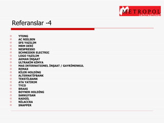 Referanslar -4 YTONG AC NIELSEN SFS YAZILIM MRM DERİ NESPRESSO SCHNEIDER ELECTRIC LOGO YAZILIM AKMAN İNŞAAT ULTRAKİM KİMYA MAS INTERNATIONEL İNŞAAT / GAYRİMENKUL REMAX  KİLER HOLDİNG ALTERNATİFBANK TEKSTİLBANK ATA YATIRIM TYCO BRAAS  BOYNER HOLDİNG SARKUYSAN  KADOİL NİLACCRA SNAPPER 