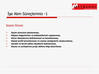 İşe Alım Süreçlerimiz -1 Seçme Öncesi Seçim sürecinin planlanması, Müşteri değerlerinin ve beklentilerinin saptanması, Görev detaylarının belirlenmesi ve tanımlanması, Kişisel profil tanımlanması ve zaman çizelgesinin oluşturulması, Gerekli ve tercih edilen ölçütlerin belirlenmesi, Seçme ve yerleştirme proje ekibine bilgi aktarılması 