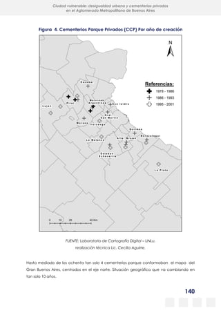 140
Ciudad vulnerable: desigualdad urbana y cementerios privados
en el Aglomerado Metropolitano de Buenos Aires
Figura 4. Cementerios Parque Privados (CCP) Por año de creación
FUENTE: Laboratorio de Cartografía Digital – UNLu,
realización técnica Lic. Cecilia Aguirre.
Hasta mediado de los ochenta tan solo 4 cementerios parque conformaban el mapa del
Gran Buenos Aires, centrados en el eje norte. Situación geográfica que va cambiando en
tan solo 10 años.
 