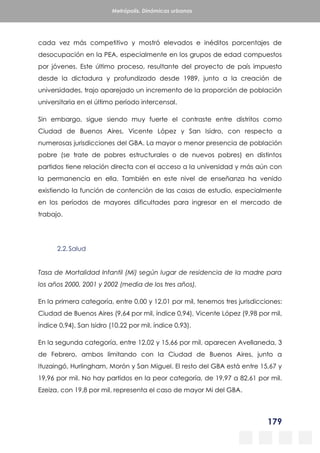 179
Metrópolis. Dinámicas urbanas
cada vez más competitivo y mostró elevados e inéditos porcentajes de
desocupación en la PEA, especialmente en los grupos de edad compuestos
por jóvenes. Este último proceso, resultante del proyecto de país impuesto
desde la dictadura y profundizado desde 1989, junto a la creación de
universidades, trajo aparejado un incremento de la proporción de población
universitaria en el último período intercensal.
Sin embargo, sigue siendo muy fuerte el contraste entre distritos como
Ciudad de Buenos Aires, Vicente López y San Isidro, con respecto a
numerosas jurisdicciones del GBA. La mayor o menor presencia de población
pobre (se trate de pobres estructurales o de nuevos pobres) en distintos
partidos tiene relación directa con el acceso a la universidad y más aún con
la permanencia en ella. También en este nivel de enseñanza ha venido
existiendo la función de contención de las casas de estudio, especialmente
en los períodos de mayores dificultades para ingresar en el mercado de
trabajo.
2.2.Salud
Tasa de Mortalidad Infantil (Mi) según lugar de residencia de la madre para
los años 2000, 2001 y 2002 (media de los tres años).
En la primera categoría, entre 0,00 y 12,01 por mil, tenemos tres jurisdicciones:
Ciudad de Buenos Aires (9,64 por mil, índice 0,94), Vicente López (9,98 por mil,
índice 0,94), San Isidro (10,22 por mil, índice 0,93).
En la segunda categoría, entre 12,02 y 15,66 por mil, aparecen Avellaneda, 3
de Febrero, ambos limitando con la Ciudad de Buenos Aires, junto a
Ituzaingó, Hurlingham, Morón y San Miguel. El resto del GBA está entre 15,67 y
19,96 por mil. No hay partidos en la peor categoría, de 19,97 a 82,61 por mil.
Ezeiza, con 19,8 por mil, representa el caso de mayor Mi del GBA.
 