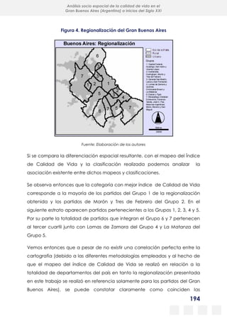 194
Análisis socio espacial de la calidad de vida en el
Gran Buenos Aires (Argentina) a inicios del Siglo XXI
Figura 4. Regionalización del Gran Buenos Aires
Fuente: Elaboración de los autores
Si se compara la diferenciación espacial resultante, con el mapeo del Índice
de Calidad de Vida y la clasificación realizada podemos analizar la
asociación existente entre dichos mapeos y clasificaciones.
Se observa entonces que la categoría con mejor índice de Calidad de Vida
corresponde a la mayoría de los partidos del Grupo 1 de la regionalización
obtenida y los partidos de Morón y Tres de Febrero del Grupo 2. En el
siguiente estrato aparecen partidos pertenecientes a los Grupos 1, 2, 3, 4 y 5.
Por su parte la totalidad de partidos que integran el Grupo 6 y 7 pertenecen
al tercer cuartil junto con Lomas de Zamora del Grupo 4 y La Matanza del
Grupo 5.
Vemos entonces que a pesar de no existir una correlación perfecta entre la
cartografía (debido a las diferentes metodologías empleadas y al hecho de
que el mapeo del índice de Calidad de Vida se realizó en relación a la
totalidad de departamentos del país en tanto la regionalización presentada
en este trabajo se realizó en referencia solamente para los partidos del Gran
Buenos Aires), se puede constatar claramente como coinciden las
 