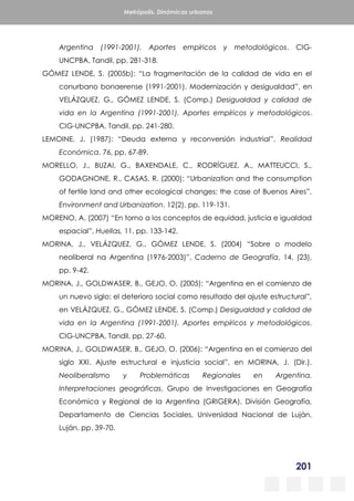 201
Metrópolis. Dinámicas urbanas
Argentina (1991-2001). Aportes empíricos y metodológicos. CIG-
UNCPBA, Tandil, pp. 281-318.
GÓMEZ LENDE, S. (2005b): “La fragmentación de la calidad de vida en el
conurbano bonaerense (1991-2001). Modernización y desigualdad”, en
VELÁZQUEZ, G., GÓMEZ LENDE, S. (Comp.) Desigualdad y calidad de
vida en la Argentina (1991-2001). Aportes empíricos y metodológicos.
CIG-UNCPBA, Tandil, pp. 241-280.
LEMOINE, J. (1987): “Deuda externa y reconversión industrial”, Realidad
Económica. 76, pp. 67-89.
MORELLO, J., BUZAI, G., BAXENDALE, C., RODRÍGUEZ, A., MATTEUCCI, S.,
GODAGNONE, R., CASAS, R. (2000): “Urbanization and the consumption
of fertile land and other ecological changes: the case of Buenos Aires”,
Environment and Urbanization. 12(2), pp. 119-131.
MORENO, A. (2007) “En torno a los conceptos de equidad, justicia e igualdad
espacial”, Huellas, 11, pp. 133-142.
MORINA, J., VELÁZQUEZ, G., GÓMEZ LENDE, S. (2004) “Sobre o modelo
neoliberal na Argentina (1976-2003)”, Caderno de Geografía, 14, (23),
pp. 9-42.
MORINA, J., GOLDWASER, B., GEJO, O. (2005): “Argentina en el comienzo de
un nuevo siglo: el deterioro social como resultado del ajuste estructural”,
en VELÁZQUEZ, G., GÓMEZ LENDE, S. (Comp.) Desigualdad y calidad de
vida en la Argentina (1991-2001). Aportes empíricos y metodológicos.
CIG-UNCPBA, Tandil, pp. 27-60.
MORINA, J., GOLDWASER, B., GEJO, O. (2006): “Argentina en el comienzo del
siglo XXI. Ajuste estructural e injusticia social”, en MORINA, J. (Dir.).
Neoliberalismo y Problemáticas Regionales en Argentina.
Interpretaciones geográficas, Grupo de Investigaciones en Geografía
Económica y Regional de la Argentina (GRIGERA). División Geografía,
Departamento de Ciencias Sociales, Universidad Nacional de Luján,
Luján. pp. 39-70.
 