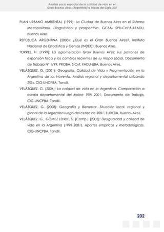 202
Análisis socio espacial de la calidad de vida en el
Gran Buenos Aires (Argentina) a inicios del Siglo XXI
PLAN URBANO AMBIENTAL (1999): La Ciudad de Buenos Aires en el Sistema
Metropolitano. Diagnóstico y prospectiva. GCBA- SPU-CoPAU-FADU,
Buenos Aires.
REPÚBLICA ARGENTINA (2003): ¿Qué es el Gran Buenos Aires?, Instituto
Nacional de Estadística y Censos (INDEC), Buenos Aires.
TORRES, H. (1999): La aglomeración Gran Buenos Aires: sus patrones de
expansión física y los cambios recientes de su mapa social, Documento
de Trabajo N° 1/99. PROBA, SICyT, FADU-UBA, Buenos Aires.
VELÁZQUEZ, G. (2001): Geografía, Calidad de Vida y Fragmentación en la
Argentina de los Noventa. Análisis regional y departamental utilizando
SIGs. CIG-UNCPBA, Tandil.
VELÁZQUEZ, G. (2006): La calidad de vida en la Argentina. Comparación a
escala departamental del índice 1991-2001, Documento de Trabajo.
CIG-UNCPBA. Tandil.
VELÁZQUEZ, G. (2008): Geografía y Bienestar. Situación local, regional y
global de la Argentina luego del censo de 2001, EUDEBA, Buenos Aires.
VELÁZQUEZ, G., GÓMEZ LENDE, S. (Comp.) (2005): Desigualdad y calidad de
vida en la Argentina (1991-2001). Aportes empíricos y metodológicos,
CIG-UNCPBA, Tandil.
 