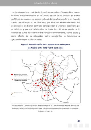 43
Metrópolis. Dinámicas urbanas
han tenido que buscar alojamiento en los mercados más asequibles, que se
localizan mayoritariamente en las zonas del sur de la ciudad. En barrios
periféricos, en parques de escasa calidad de los años sesenta o en vivienda
nueva, asequible por su localización y por el actual exceso de oferta. Las
localizaciones en barrios centrales corresponden a viviendas asequibles por
su deterioro y por sus deficiencias de todo tipo. Al factor precio de la
vivienda se suma, tal como se ha indicado anteriormente, como causa y
como efecto de la solidaridad entre semejantes, la tendencia al
agrupamiento por nacionalidades.
Figura 7. Intensificación de la presencia de extranjeros
en Madrid entre 1998 y 2010 por barrios
FUENTE: Padrón Continuo (Servicio de Estadística de la Comunidad de Madrid). Precios de
vivienda de segunda mano (http://www.idealista.com/pagina/informes-precio-vivienda).
Elaboración propia.
 