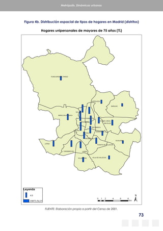 73
Metrópolis. Dinámicas urbanas
Figura 4b. Distribución espacial de tipos de hogares en Madrid (distritos)
Hogares unipersonales de mayores de 75 años (%)
FUENTE: Elaboración propia a partir del Censo de 2001.
 