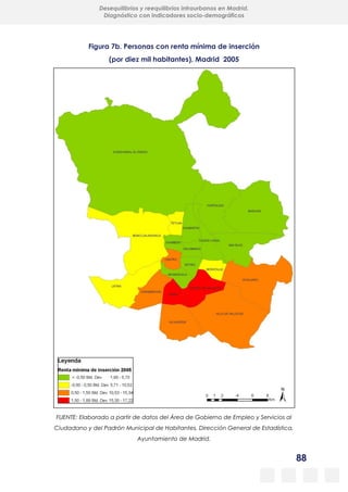 88
Desequilibrios y reequilibrios intraurbanos en Madrid.
Diagnóstico con indicadores socio-demográficos
Figura 7b. Personas con renta mínima de inserción
(por diez mil habitantes), Madrid 2005
FUENTE: Elaborado a partir de datos del Área de Gobierno de Empleo y Servicios al
Ciudadano y del Padrón Municipal de Habitantes, Dirección General de Estadística,
Ayuntamiento de Madrid.
 