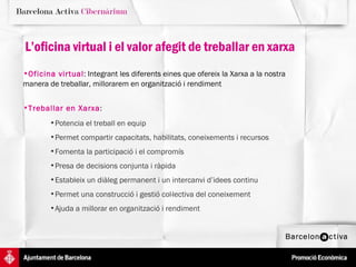L’oficina virtual i el valor afegit de treballar en xarxa Oficina virtual : Integrant les diferents eines que ofereix la Xarxa a la nostra manera de treballar, millorarem en organització i rendiment Treballar en Xarxa :  Potencia el treball en equip  Permet compartir capacitats, habilitats, coneixements i recursos Fomenta la participació i el compromís Presa de decisions conjunta i ràpida Estableix un diàleg permanent i un intercanvi d’idees continu Permet una construcció i gestió col·lectiva del coneixement Ajuda a millorar en organització i rendiment 