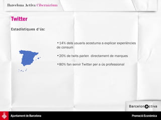 Twitter Estadístiques d’ús:   14% dels usuaris acostuma a explicar experiències de consum 20% de twits parlen  directament de marques 80% fan servir Twitter per a ús professional 