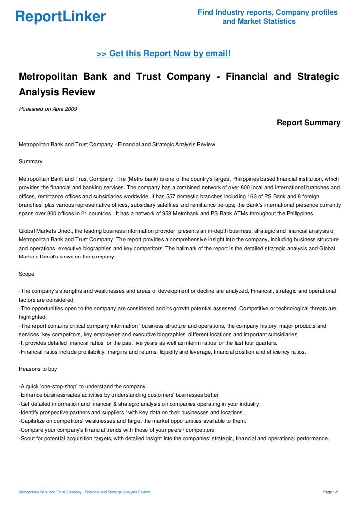 Metropolitan Bank and Trust Company Financial and Strategic Analysis