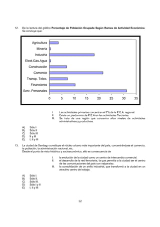 12.   De la lectura del gráfico Porcentaje de Población Ocupada Según Ramas de Actividad Económica.
      Se concluye que:



                Agricultura
                     Minería
                   Industria
           Elect.Gas.Agua
             Construcción
                  Comercio
            Transp. Telec.
              Financieros
      Serv. Personales

                               0           5         10          15         20         25         30          35



                                   I.     Las actividades primarias concentran el 7% de la P.E.A. regional.
                                   II.    Existe un predominio de P.E.A en las actividades Terciarias.
                                   III.   Se trata de una región que concentra altos niveles de actividades
                                          administrativas y productivas.

      A)     Sólo I
      B)     Sólo II
      C)     Sólo III
      D)     II y III
      E)     I, II y III

13.   La ciudad de Santiago constituye el núcleo urbano más importante del país, concentrándose el comercio,
      la población, la administración nacional, etc.
      Desde el punto de vista histórico y socioeconómico, ello es consecuencia de

                                   I.     la evolución de la ciudad como un centro de intercambio comercial.
                                   II.    el desarrollo de la red ferroviaria, la que permitía a la ciudad ser el centro
                                          de las comunicaciones del país con valparaíso.
                                   III.   la consolidación de un anillo industrial, que transformó a la ciudad en un
                                          atractivo centro de trabajo.

      A)     Sólo I.
      B)     Sólo II.
      C)     Sólo III.
      D)     Sólo I y II
      E)     I, II y III




                                                           12
 