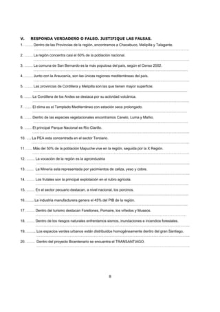 V.       RESPONDA VERDADERO O FALSO. JUSTIFIQUE LAS FALSAS.
1. ……. Dentro de las Provincias de la región, encontramos a Chacabuco, Melipilla y Talagante.
       …………………………………………………………………………………………………………………
2. ……. La región concentra casi el 60% de la población nacional.
       ………………………………………………………………………………………………………………….
3. ……. La comuna de San Bernardo es la más populosa del país, según el Censo 2002.
       …………………………………………………………………………………………………………………
4. ……. Junto con la Araucanía, son las únicas regiones mediterráneas del país.
       ………………………………………………………………………………………………………………….
5. ……. Las provincias de Cordillera y Melipilla son las que tienen mayor superficie.
       ..........................................................................................................................................................
6. …… La Cordillera de los Andes se destaca por su actividad volcánica.
      …………………………………………………………………………………………………………………..
7. …… El clima es el Templado Mediterráneo con estación seca prolongado.
      …………………………………………………………………………………………………………………
8. …… Dentro de las especies vegetacionales encontramos Canelo, Luma y Mañio.
      …………………………………………………………………………………………………………………
9. …… El principal Parque Nacional es Río Clarillo.
      …………………………………………………………………………………………………………………..
10. …. La PEA esta concentrada en el sector Terciario.
      …………………………………………………………………………………………………………………...
11. ….. Más del 50% de la población Mapuche vive en la región, seguida por la X Región.
       …………………………………………………………………………………………………………………..
12. ……. La vocación de la región es la agroindustria
        ………………………………………………………………………………………………………………..
13. …… La Minería esta representada por yacimientos de caliza, yeso y cobre.
       ………………………………………………………………………………………………………………...
14. ……. Los frutales son la principal explotación en el rubro agrícola.
        ………………………………………………………………………………………………………………..
15. ……. En el sector pecuario destacan, a nivel nacional, los porcinos.
        ………………………………………………………………………………………………………………..
16…….. La industria manufacturera genera el 45% del PIB de la región.
       ………………………………………………………………………………………………………………..
17. ……. Dentro del turismo destacan Farellones, Pomaire, los viñedos y Museos.
        ………………………………………………………………………………………………………………
18. ……. Dentro de los riesgos naturales enfrentamos sismos, inundaciones e incendios forestales.
        ………………………………………………………………………………………………………………...
19. …….. Los espacios verdes urbanos están distribuidos homogéneamente dentro del gran Santiago.
         ………………………………………………………………………………………………………………..
20. ……. Dentro del proyecto Bicentenario se encuentra el TRANSANTIAGO.
        ………………………………………………………………………………………………………………..




                                                                                     8
 