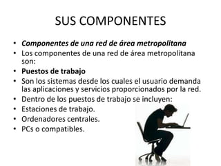 SUS COMPONENTES
• Componentes de una red de área metropolitana
• Los componentes de una red de área metropolitana
son:
• Puestos de trabajo
• Son los sistemas desde los cuales el usuario demanda
las aplicaciones y servicios proporcionados por la red.
• Dentro de los puestos de trabajo se incluyen:
• Estaciones de trabajo.
• Ordenadores centrales.
• PCs o compatibles.

 