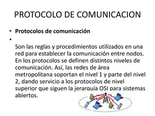 PROTOCOLO DE COMUNICACION
• Protocolos de comunicación
•
Son las reglas y procedimientos utilizados en una
red para establecer la comunicación entre nodos.
En los protocolos se definen distintos niveles de
comunicación. Así, las redes de área
metropolitana soportan el nivel 1 y parte del nivel
2, dando servicio a los protocolos de nivel
superior que siguen la jerarquía OSI para sistemas
abiertos.

 