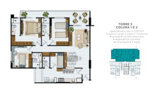 TORRE 3
            coluna 1 E 2
   Apartamentos tipo A: 109,51m²
3 quartos, sendo 2 suítes e 1 reversível
   • varanda • cozinha americana
       • dependência completa
       de empregada • 2 vagas

        1                   2




        3                   4
 