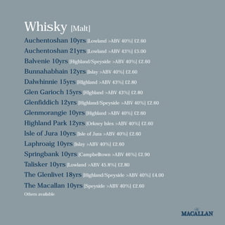 Whisky [Malt]
Auchentoshan 10yrs [Lowland >ABV 40%] £2.60
Auchentoshan 21yrs [Lowland >ABV 43%] £5.00
Balvenie 10yrs [Highland/Speyside >ABV 40%] £2.60
Bunnahabhain 12yrs [Islay >ABV 40%] £2.60
Dalwhinnie 15yrs [HIghland >ABV 43%] £2.80
Glen Garioch 15yrs [HIghland >ABV 43%] £2.80
Glenfiddich 12yrs [Highland/Speyside >ABV 40%] £2.60
Glenmorangie 10yrs [Highland >ABV 40%] £2.60
Highland Park 12yrs [Orkney Isles >ABV 40%] £2.60
Isle of Jura 10yrs [Isle of Jura >ABV 40%] £2.60
Laphroaig 10yrs [Islay >ABV 40%] £2.60
Springbank 10yrs [Campbelltown >ABV 46%] £2.90
Talisker 10yrs [Lowland >ABV 45.8%] £2.80
The Glenlivet 18yrs [Highland/Speyside >ABV 40%] £4.00
The Macallan 10yrs [Speyside >ABV 40%] £2.60
Others available
 