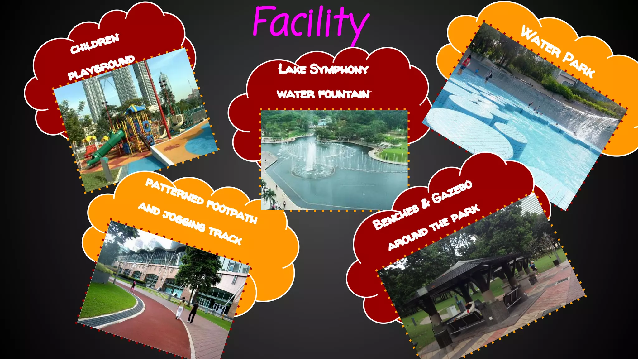 Facility children 
playground 
patterned footpath 
and jogging track 
Lake Symphony 
water fountain 
Water Park 
Benches & Gazebo 
around the park 
 