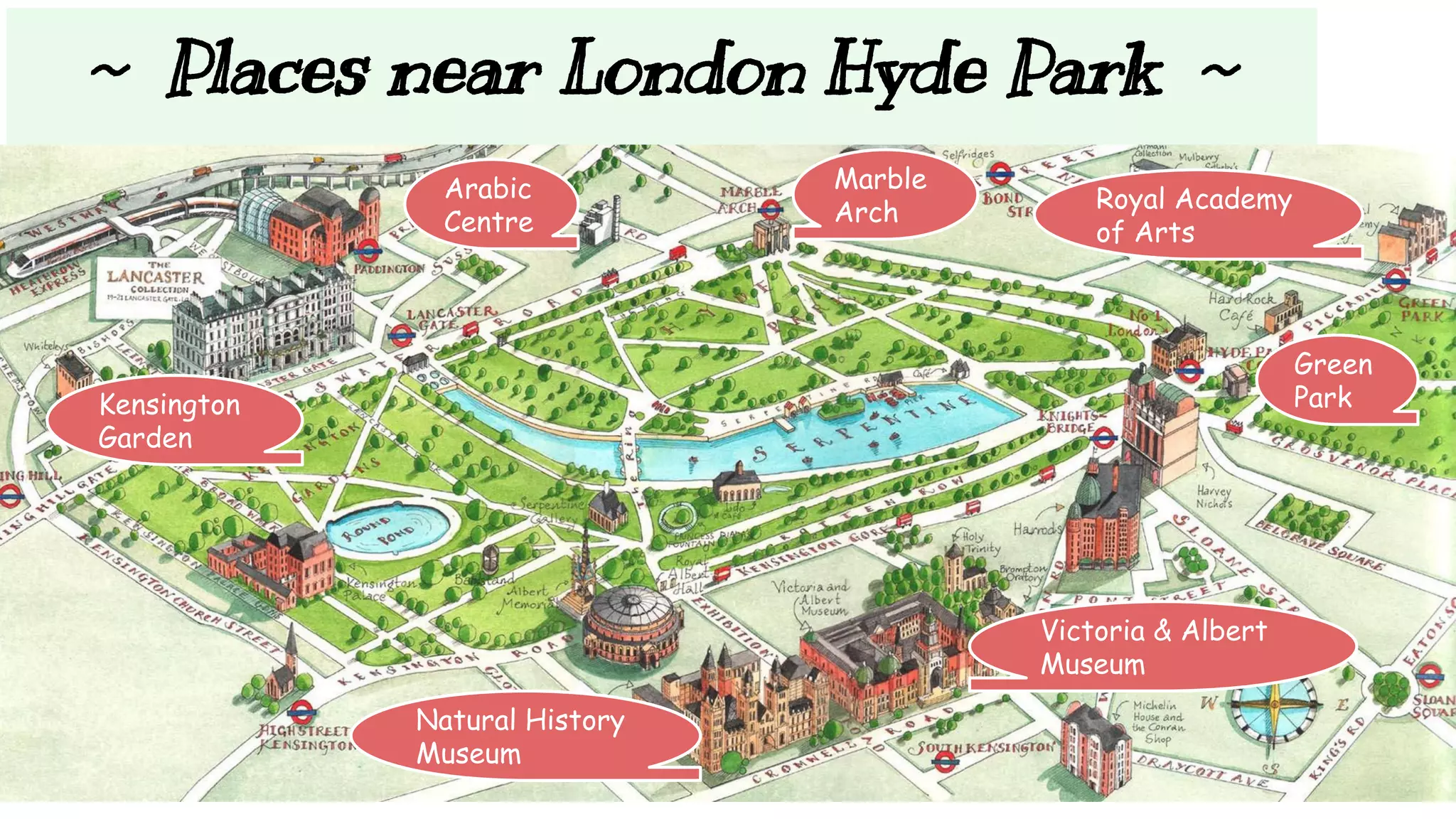 ~ Places near London Hyde Park ~ 
Kensington 
Garden 
Marble 
Arch Royal Academy 
of Arts 
Victoria & Albert 
Museum 
Arabic 
Centre 
Natural History 
Museum 
Green 
Park 
 