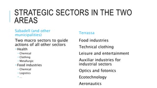 STRATEGIC SECTORS IN THE TWO
AREAS
Sabadell (and other
municipalities)
Two macro sectors to guide
actions of all other sectors
 Health
 Chemical
 Clothing
 Metallurgic
 Food industries
 Chemical
 Logistics
 …
Terrassa
Food industries
Technical clothing
Leisure and entertainment
Auxiliar industries for
industrial sectors
Optics and fotonics
Ecotechnology
Aeronautics
 